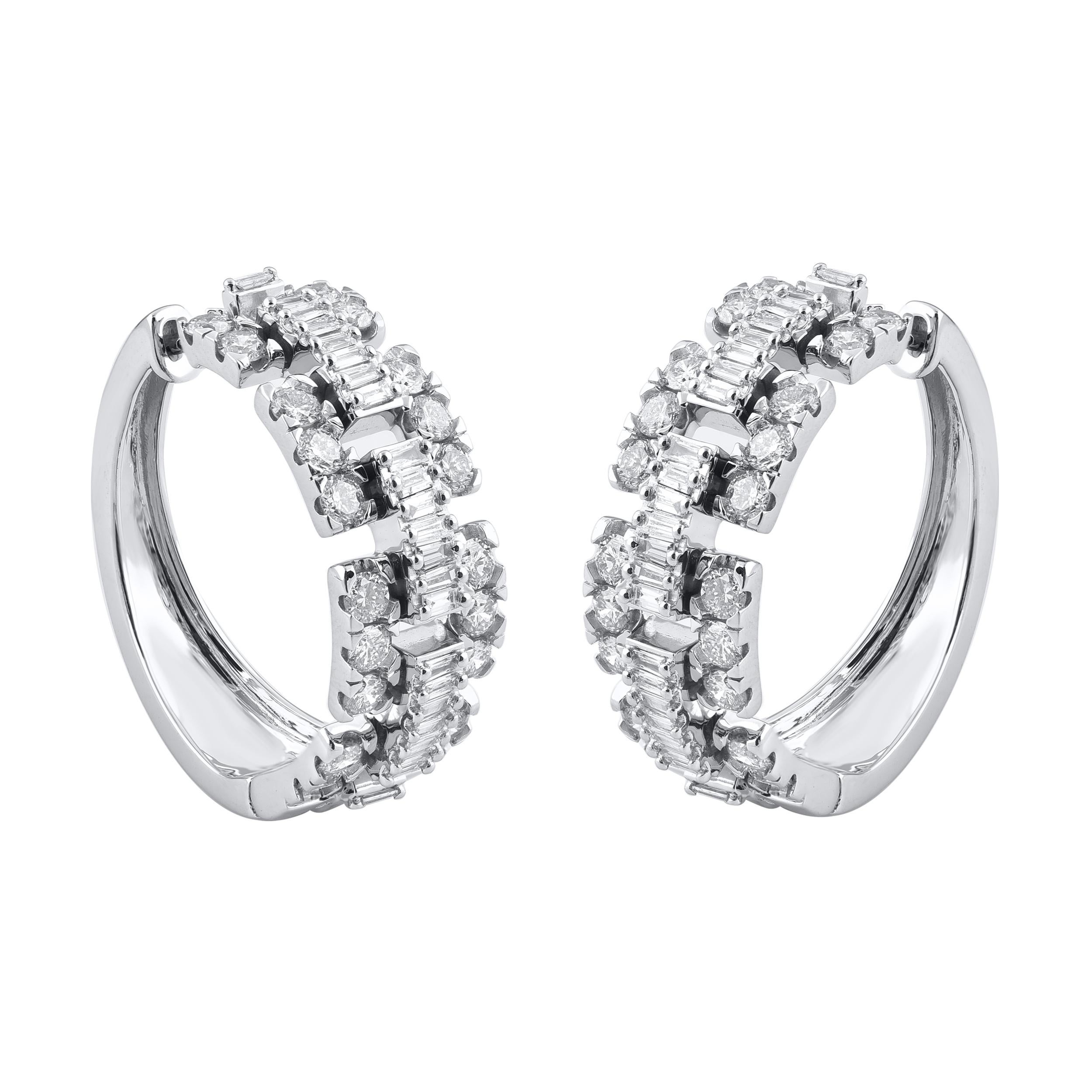 Modern TJD 2 Carat Round & Baguette Cut Diamond Huggie Hoop Earrings in 14KT White Gold For Sale