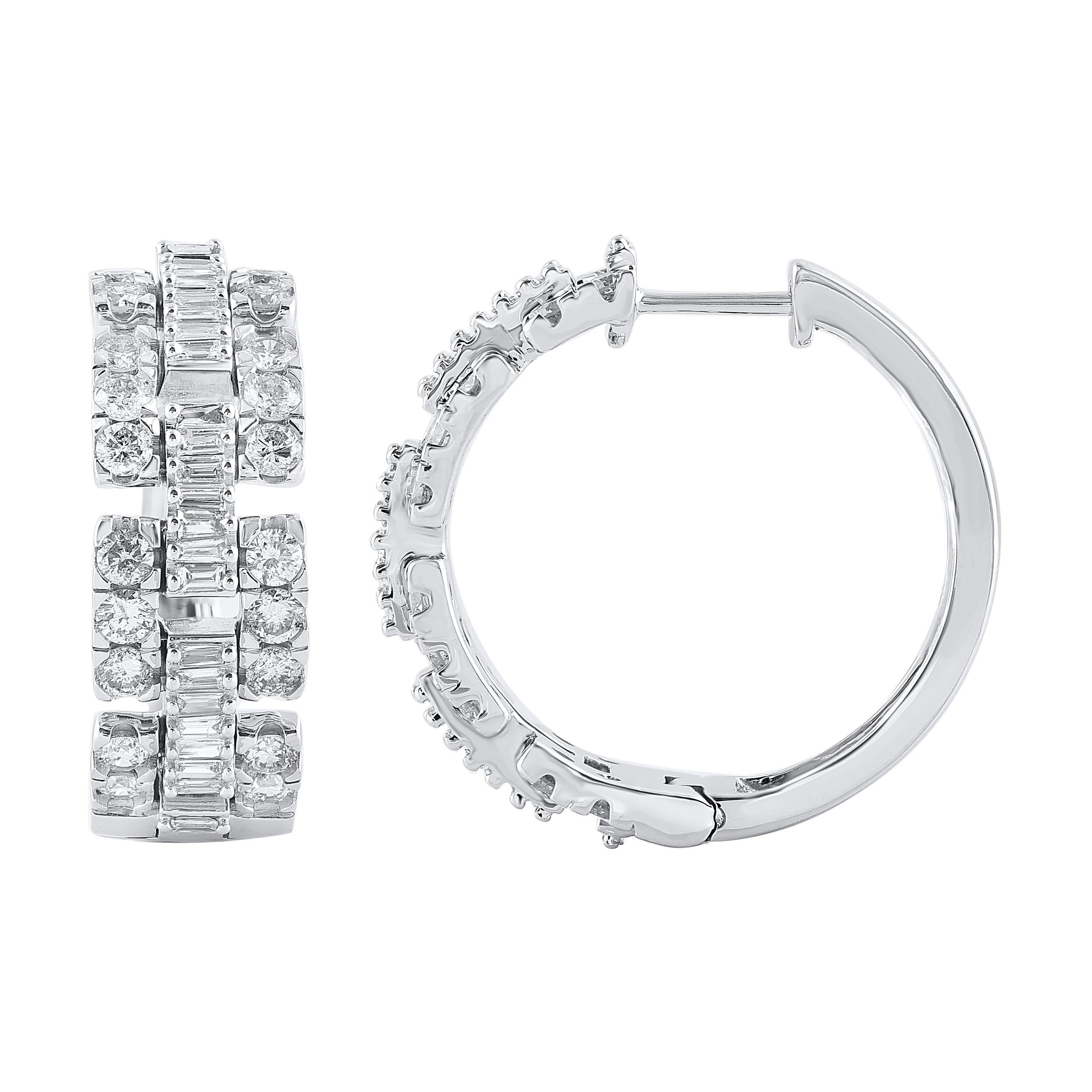 TJD 2 Carat Round & Baguette Cut Diamond Huggie Hoop Earrings in 14KT White Gold For Sale