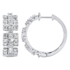 TJD 2 Carat Round 
Baguette Cut Diamond Huggie Hoop Earrings in 14KT White Gold