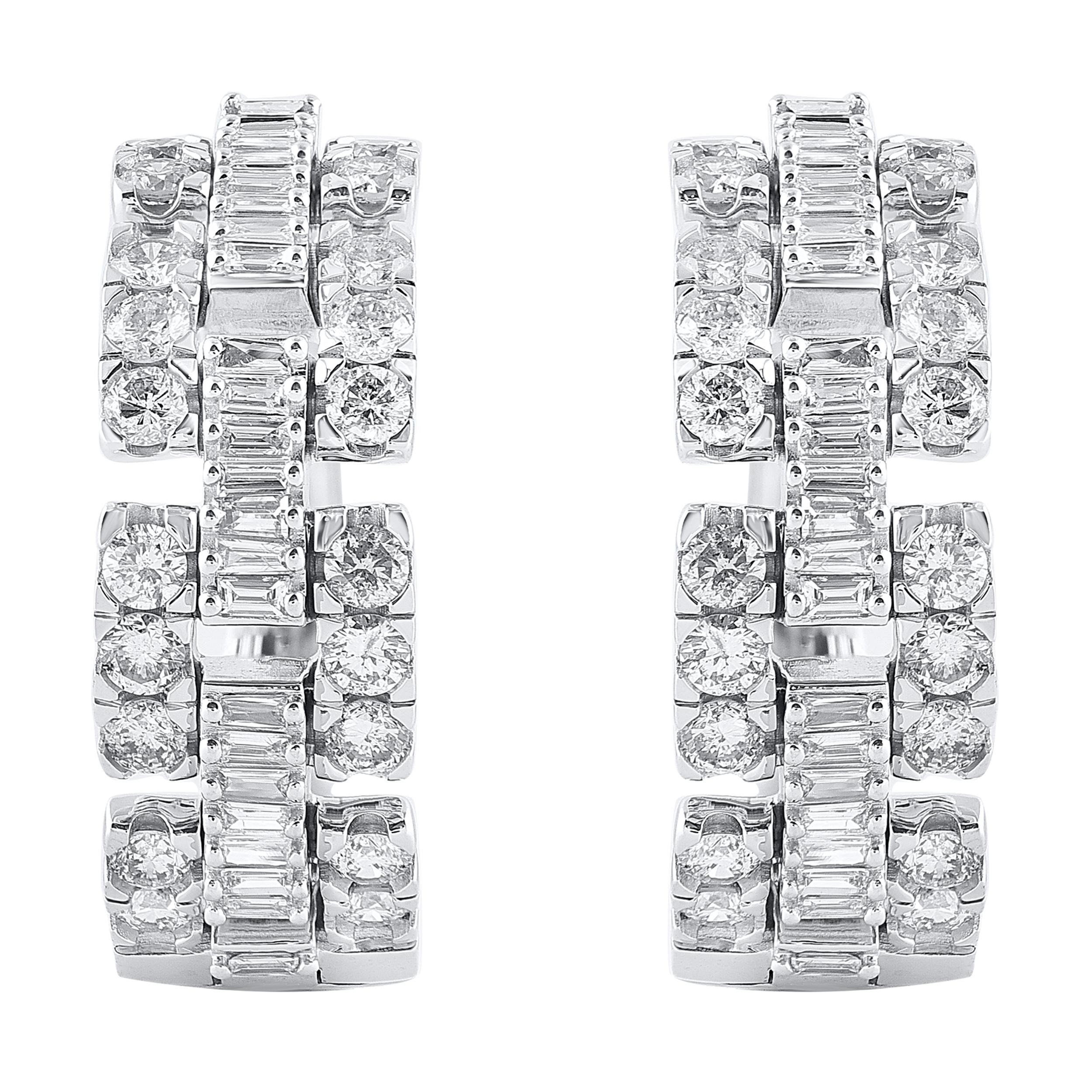 Classic and stylish diamond studded hoop earrings! perfect for daily wear. Crafted in 18K white gold with 86 Brilliant Cut & Baguette diamond in prong setting. These earring secure with hinged backs. The white diamonds are graded as H-I color and