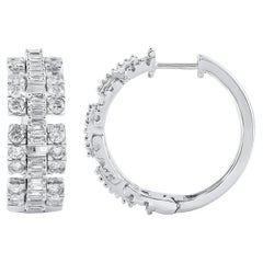 TJD 2 Carat Round & Baguette Cut Diamond Huggie Hoop Earrings in 18KT White Gold