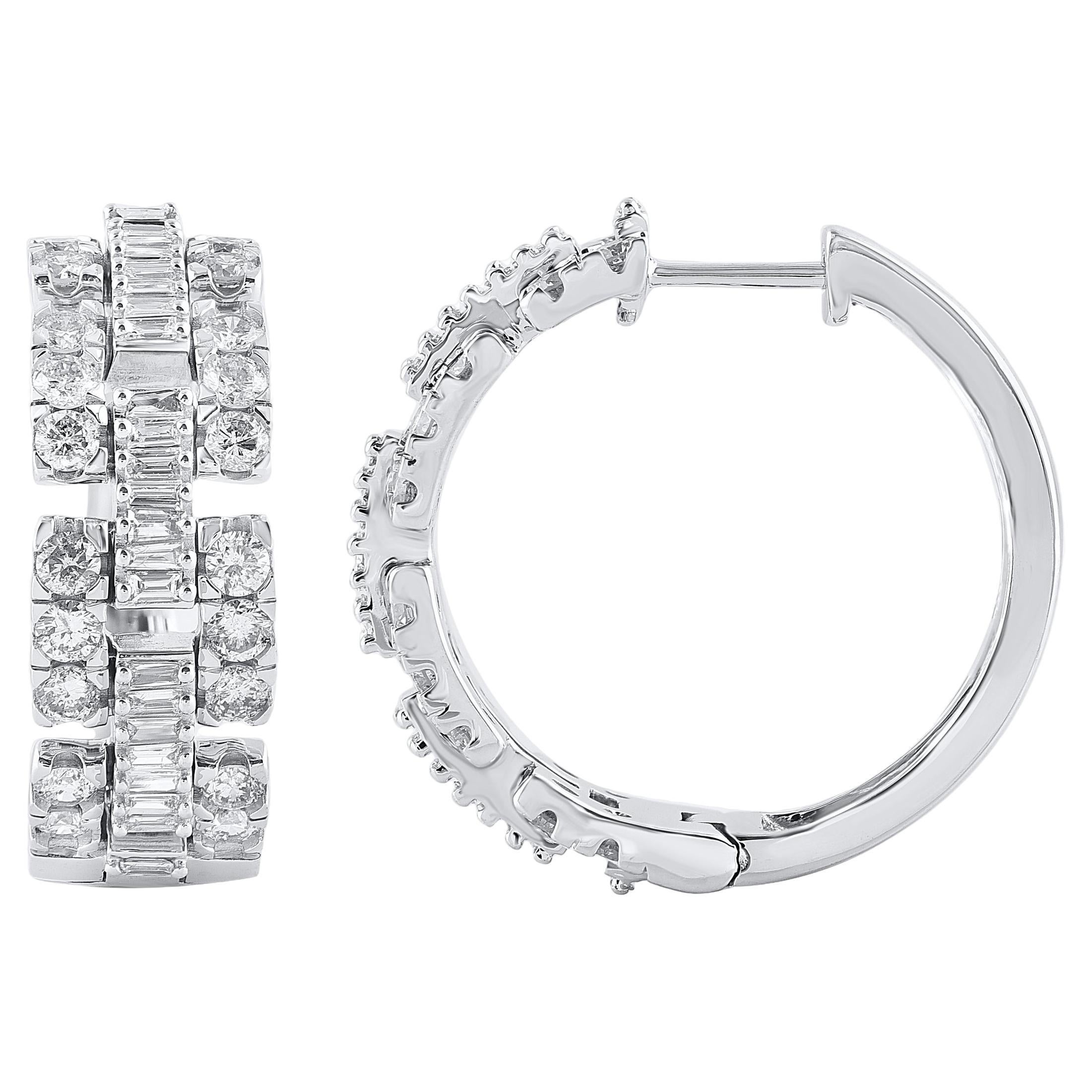 TJD 2 Carat Round 
Baguette Cut Diamond Huggie Hoop Earrings in 18KT White Gold