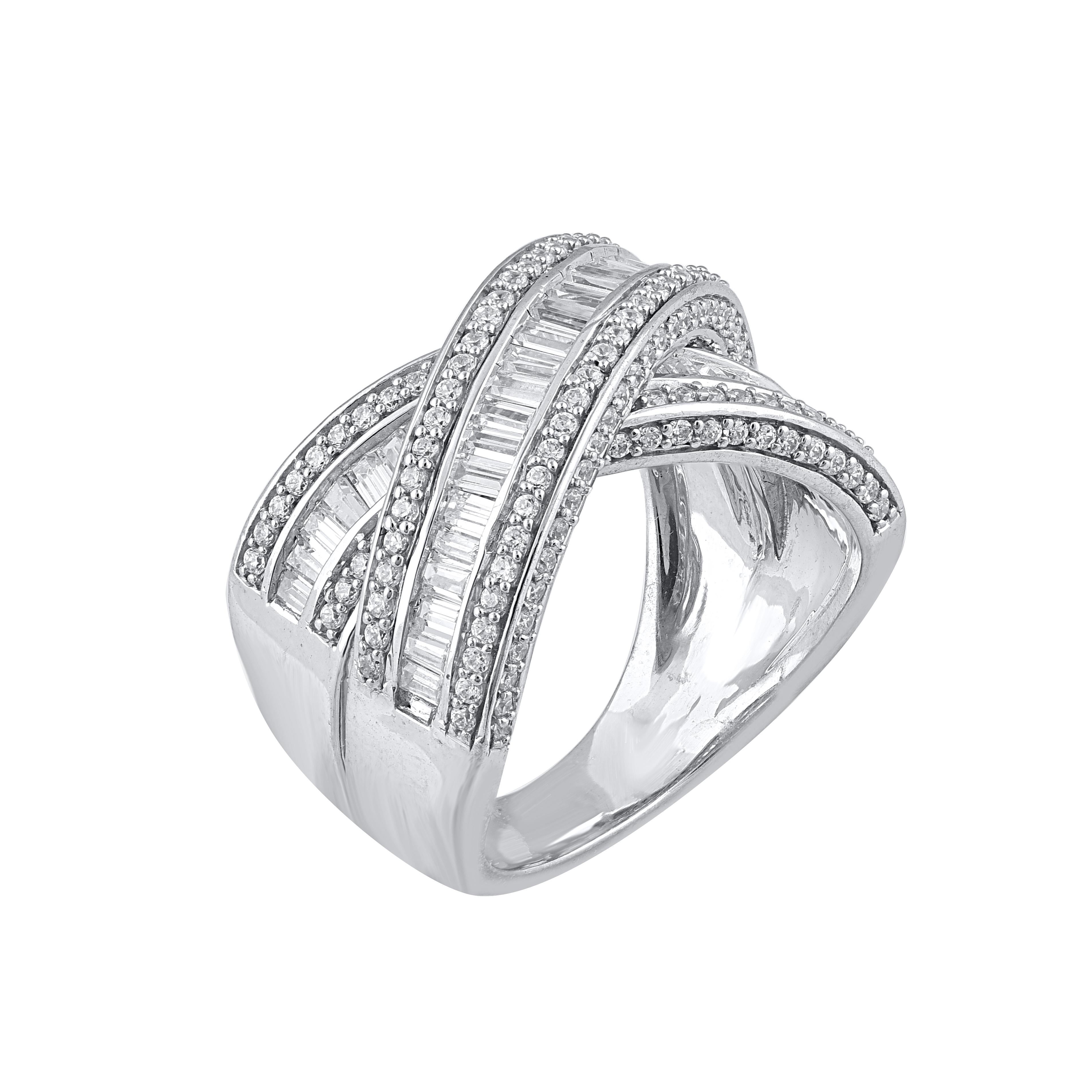 TJD 2 Karat runder/Baguette-Diamant 14 Karat Weißgold Criss-Cross Ehering (Moderne) im Angebot