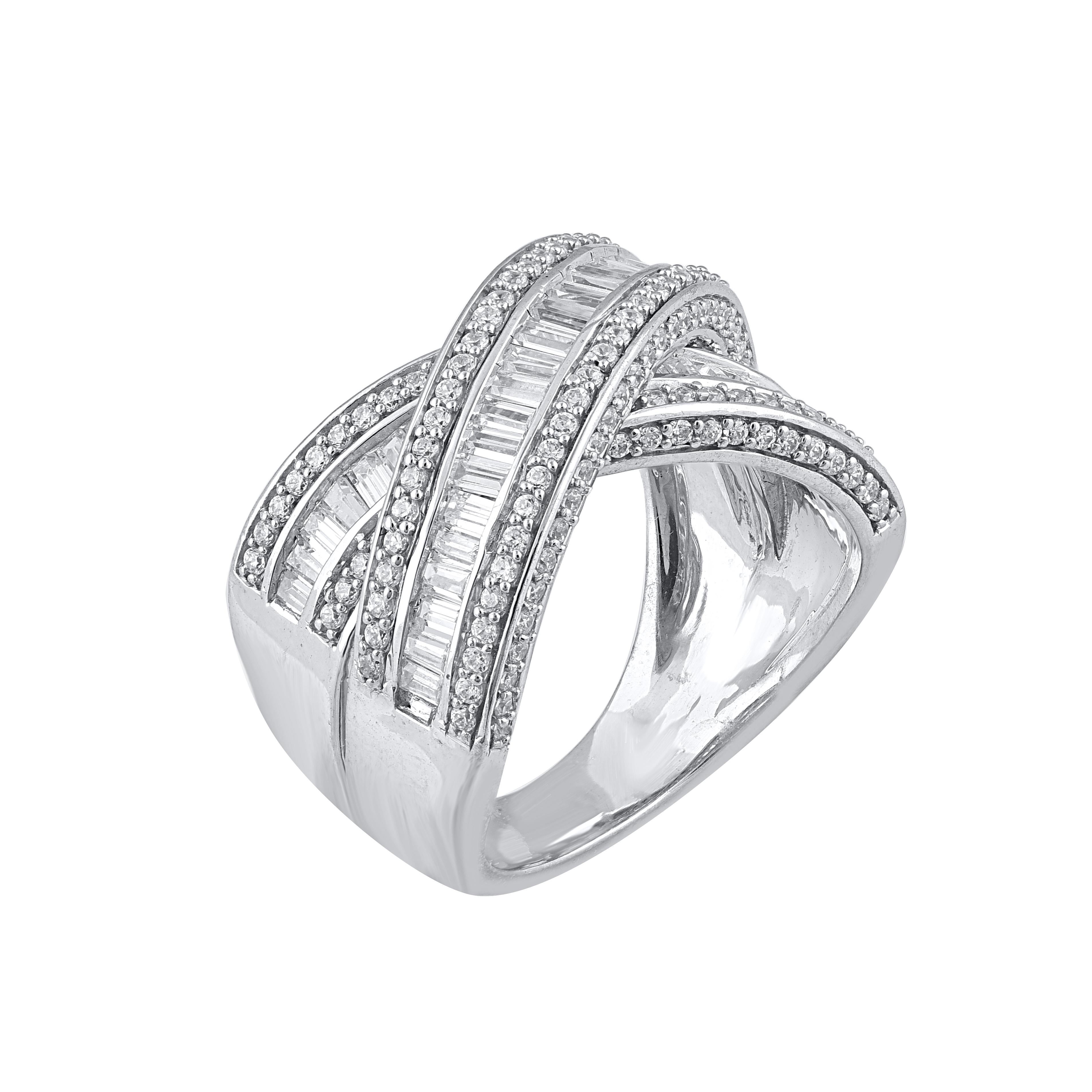 Modern TJD 2 Carat Round/Baguette Diamond 14 Karat White Gold Criss-Cross Wedding Band For Sale