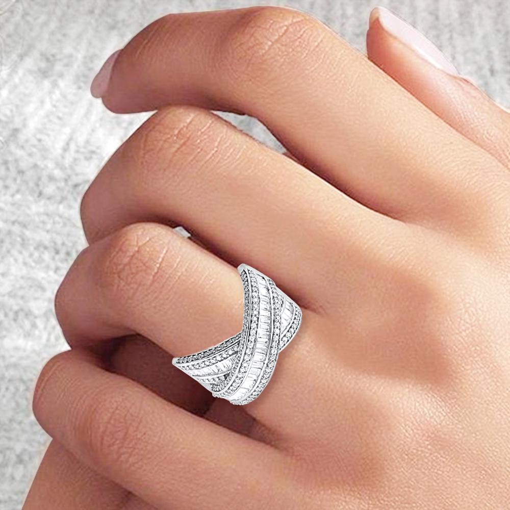 Baguette Cut TJD 2 Carat Round/Baguette Diamond 14 Karat White Gold Criss-Cross Wedding Band For Sale