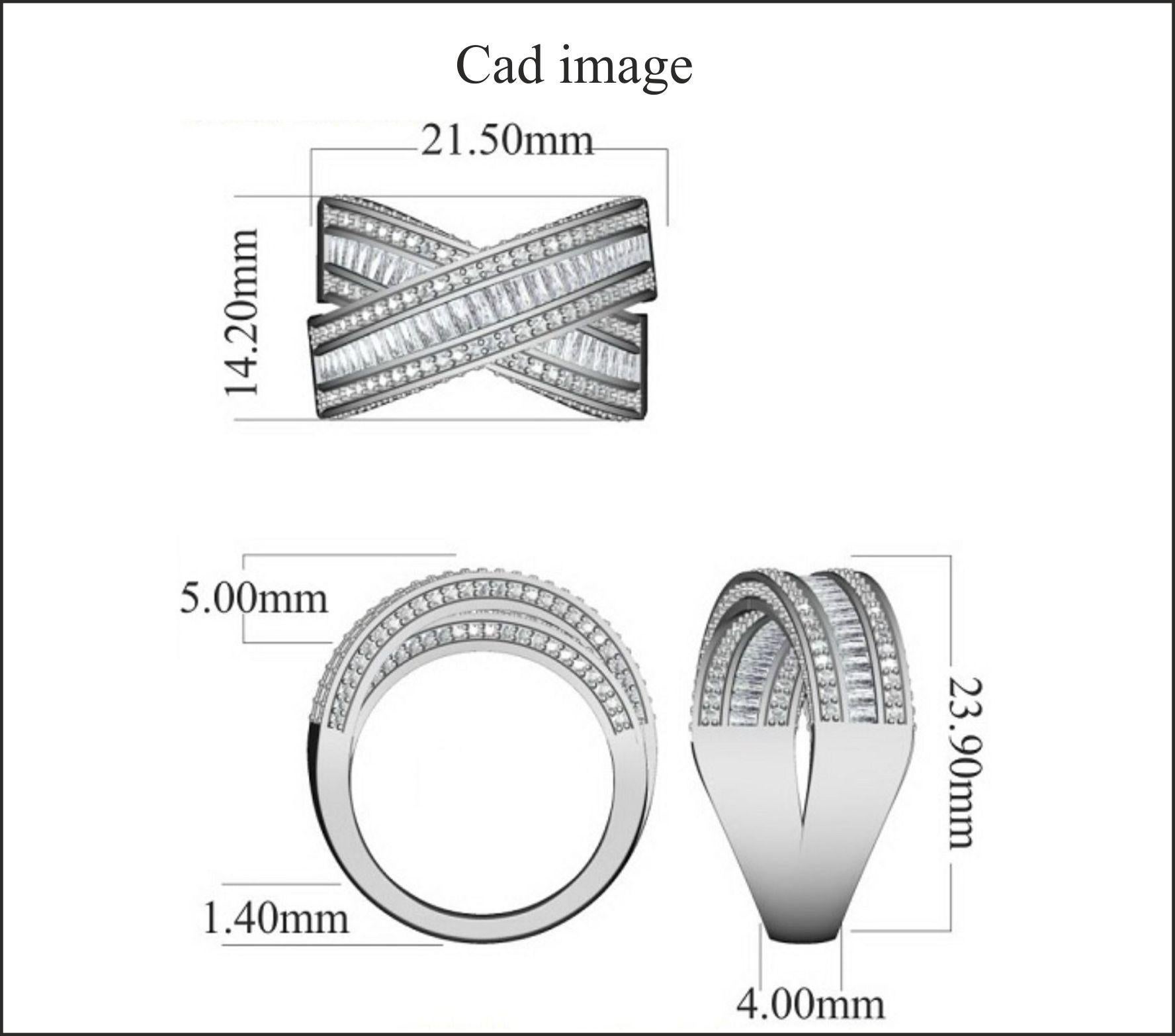 TJD 2 Karat runder/Baguette-Diamant 14 Karat Weißgold Criss-Cross Ehering im Zustand „Neu“ im Angebot in New York, NY