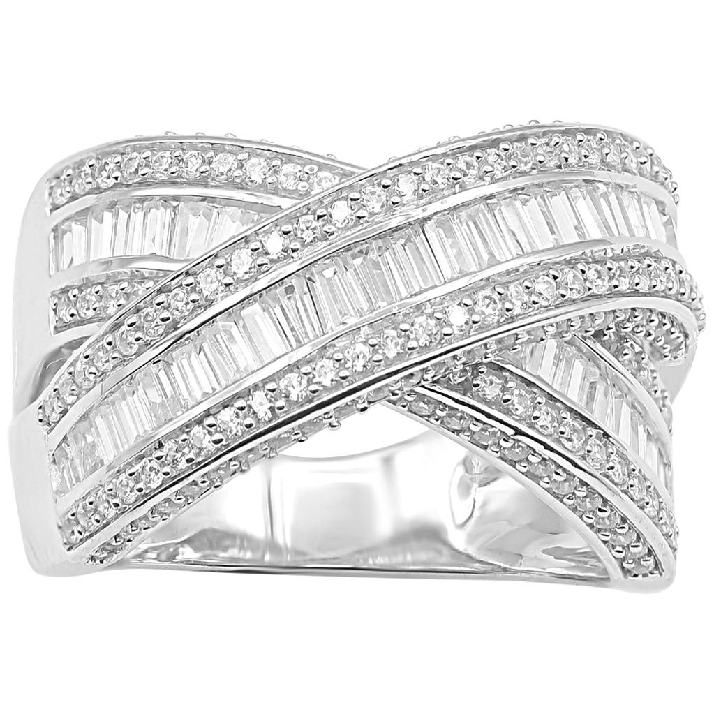 TJD 2 Carat Round/Baguette Diamond 14 Karat White Gold Criss-Cross Wedding Band For Sale