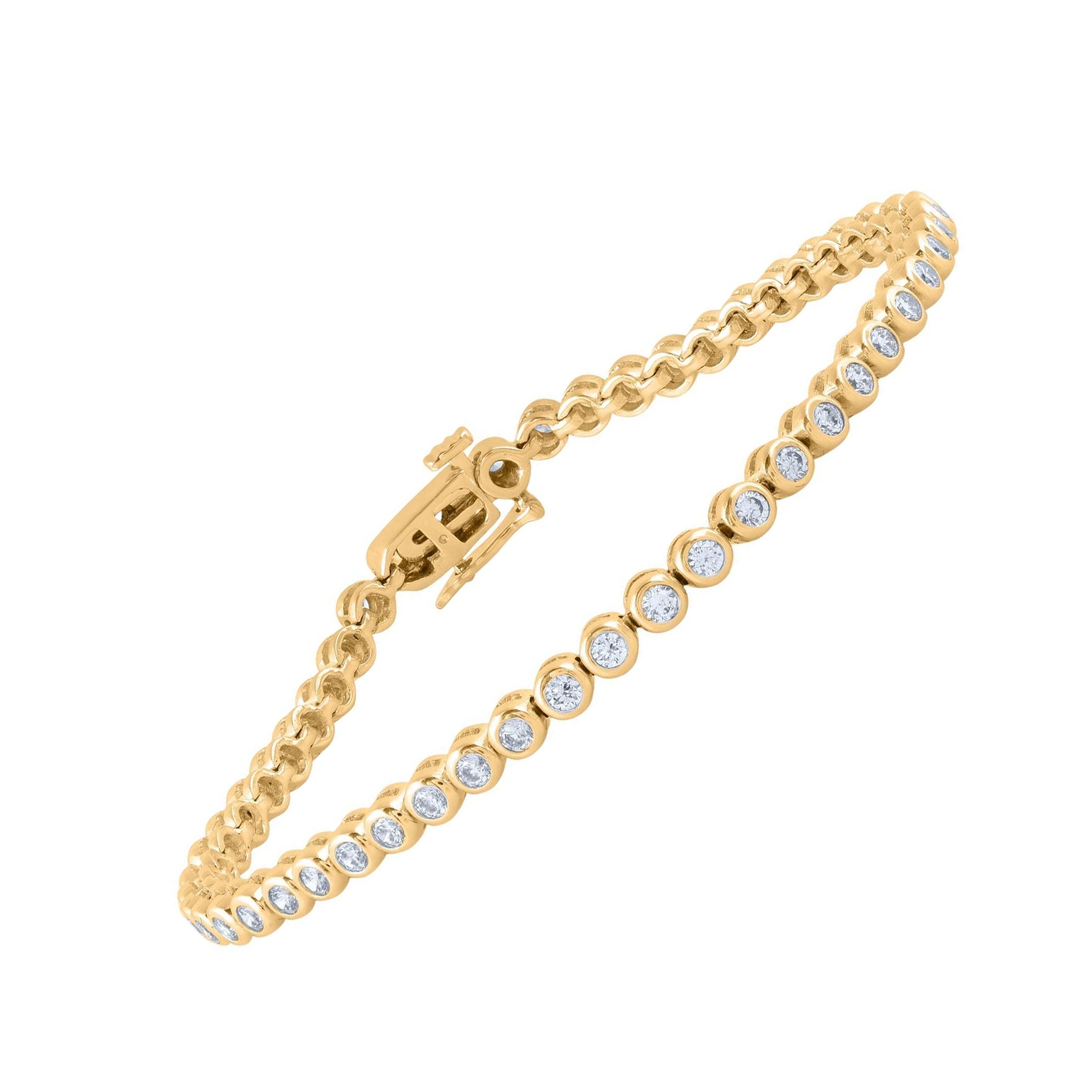 TJD 2 carat Round Diamond 14 Karat Yellow Gold Bezel Set Diamond Tennis Bracelet