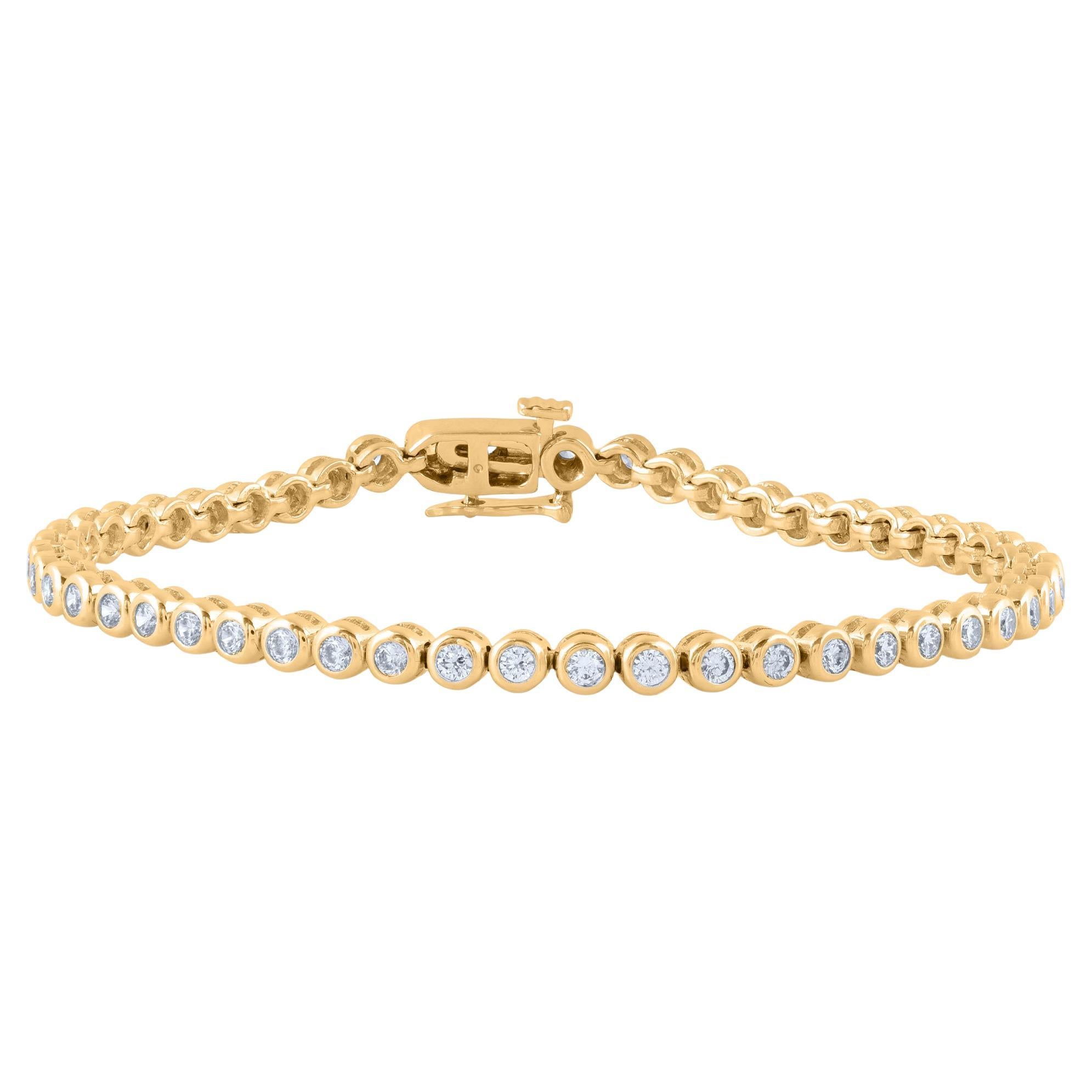 TJD 2 Karat runder Diamant 14 Karat Gelbgold Diamant-Tennisarmband mit Lünettenfassung