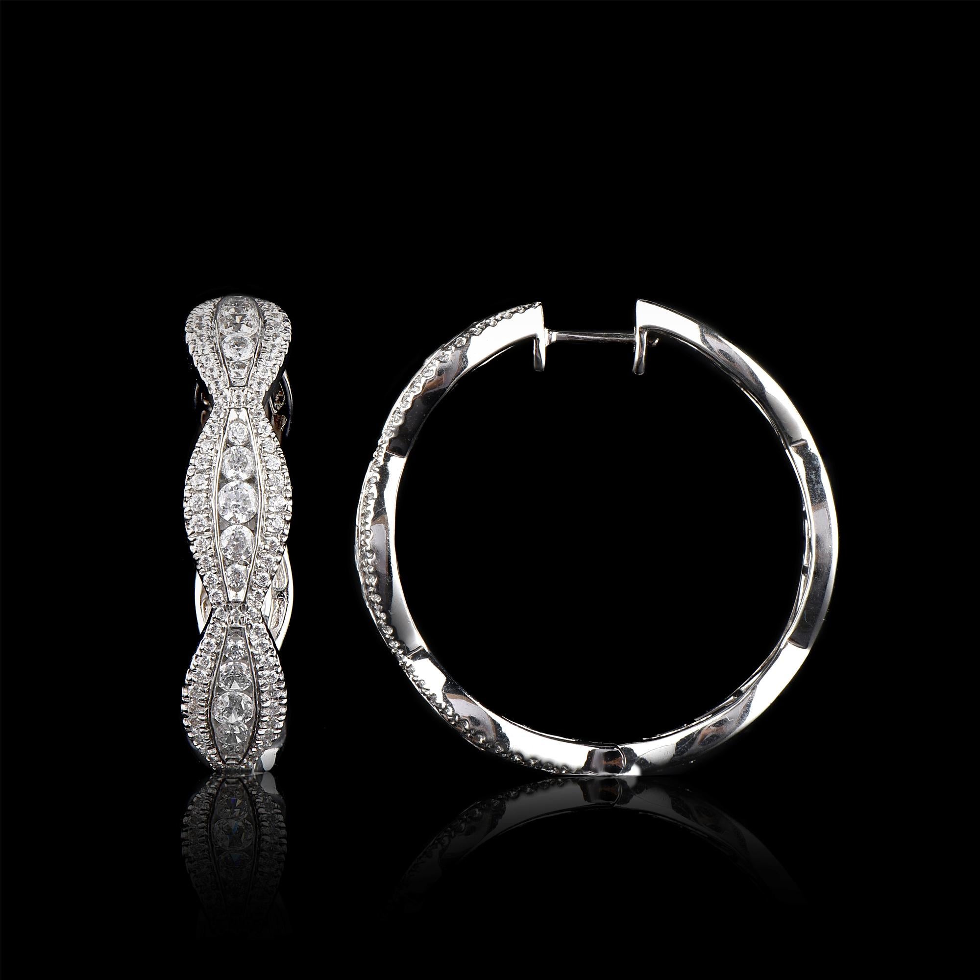 TJD Orecchini a cerchio con diamante rotondo da 2 carati in oro bianco 18KT con sezione a smerlo In condizioni Nuovo in vendita a New York, NY