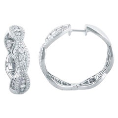 TJD 2 Carat Round Diamond 18KT White Gold Marquise Section Scallop Hoop Earrings