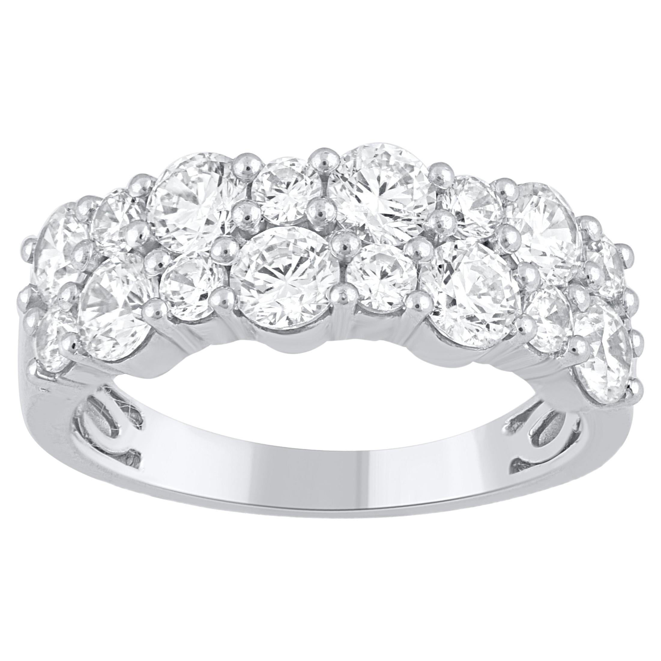 TJD Alianza de oro blanco de 14 quilates con dos filas de diamantes talla brillante de 2,0 quilates