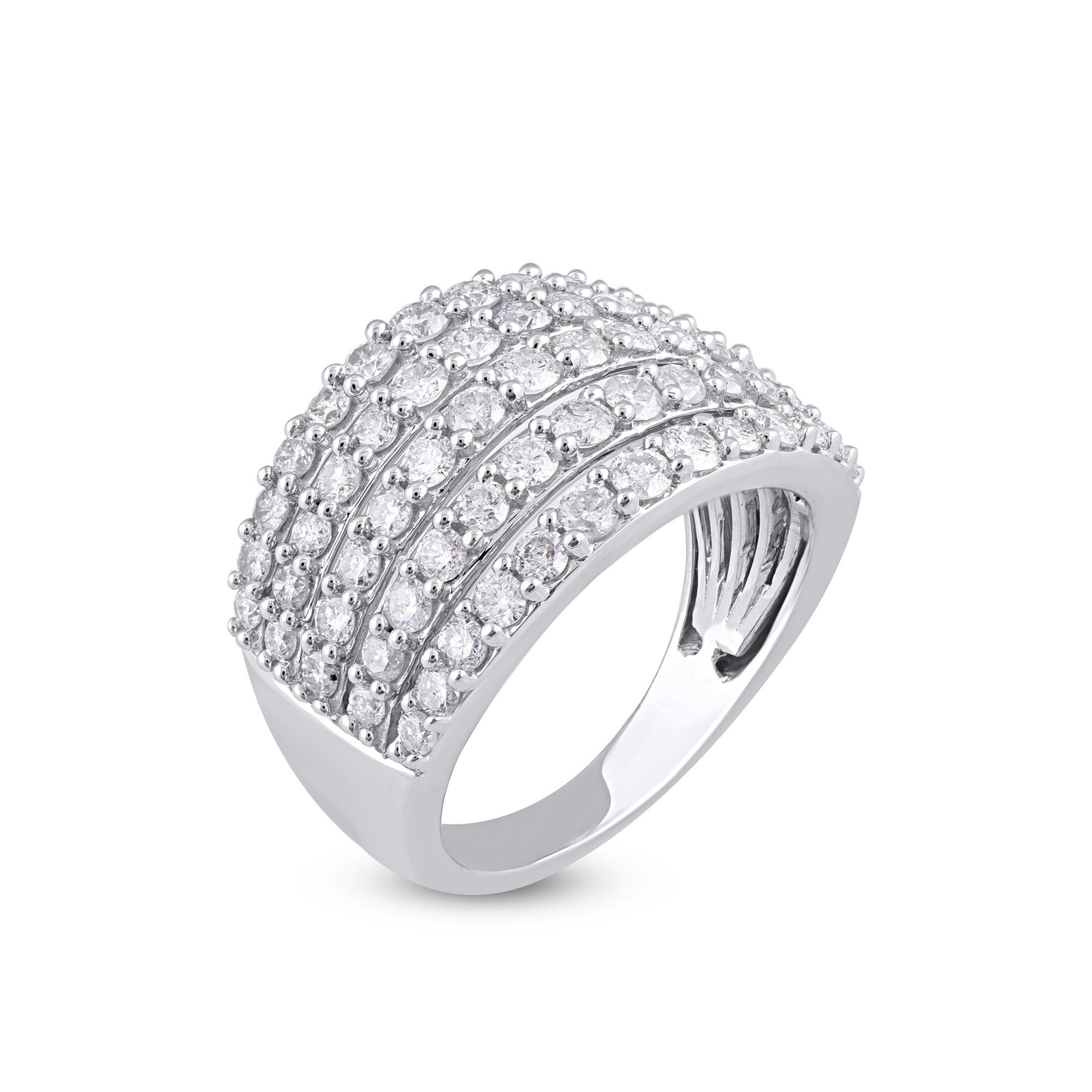 Stunning and classic, this diamond ring is beautifully crafted in 14K Solid White gold. This band ring features a sparkling 65 brilliant cut diamonds beautifully set in prong setting. The total diamond weight is 2.0 Carat. The diamonds are graded as