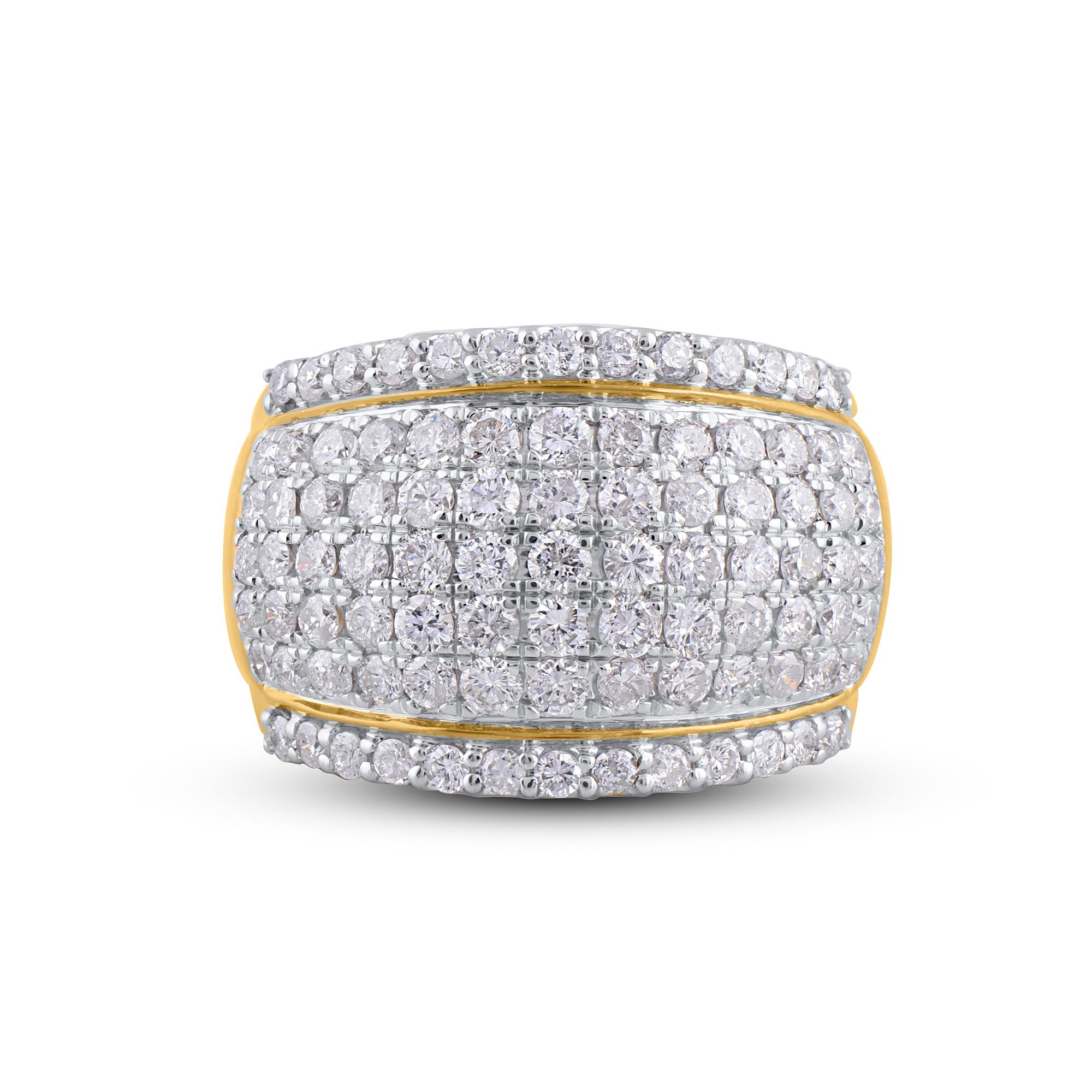 Classic and bold, this diamond ring will enhance her jewelry collection. Crafted in cool 14 Karat yellow gold and embellished with 91 round brilliant cut natural diamond in prong setting. The total diamond weight is 2.0 carat. The diamonds are