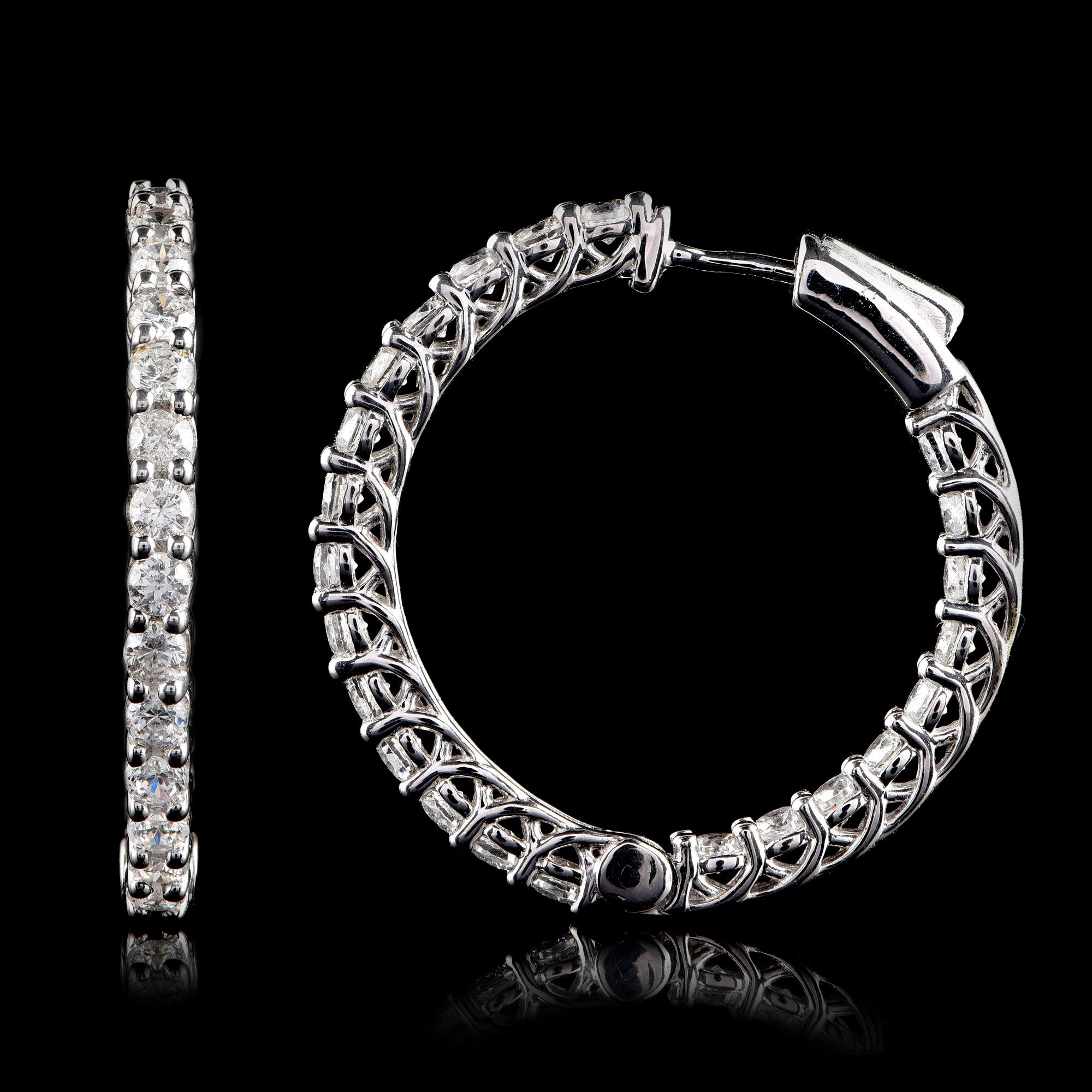 Round Cut TJD 2.0 Carat Diamond 18 Karat White Gold Inside-Out Hoop Earrings For Sale