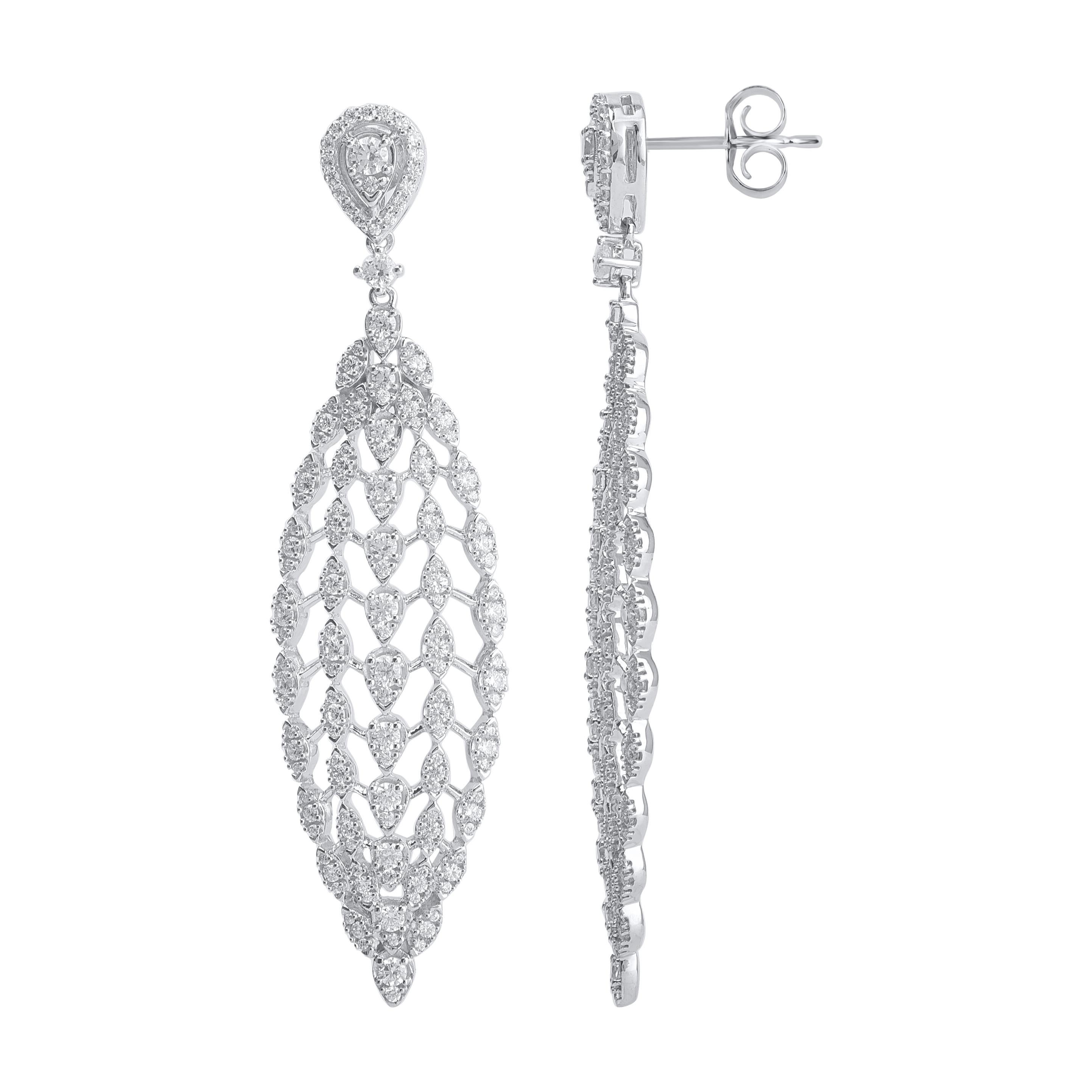 Top of your favorite look with this stunning diamond designer drop earrings. Beautifully hand-crafted by our inhouse experts in 14 karat white gold and embellished with 318 brilliant cut and single cut diamonds in prong setting and shimmers with H-I