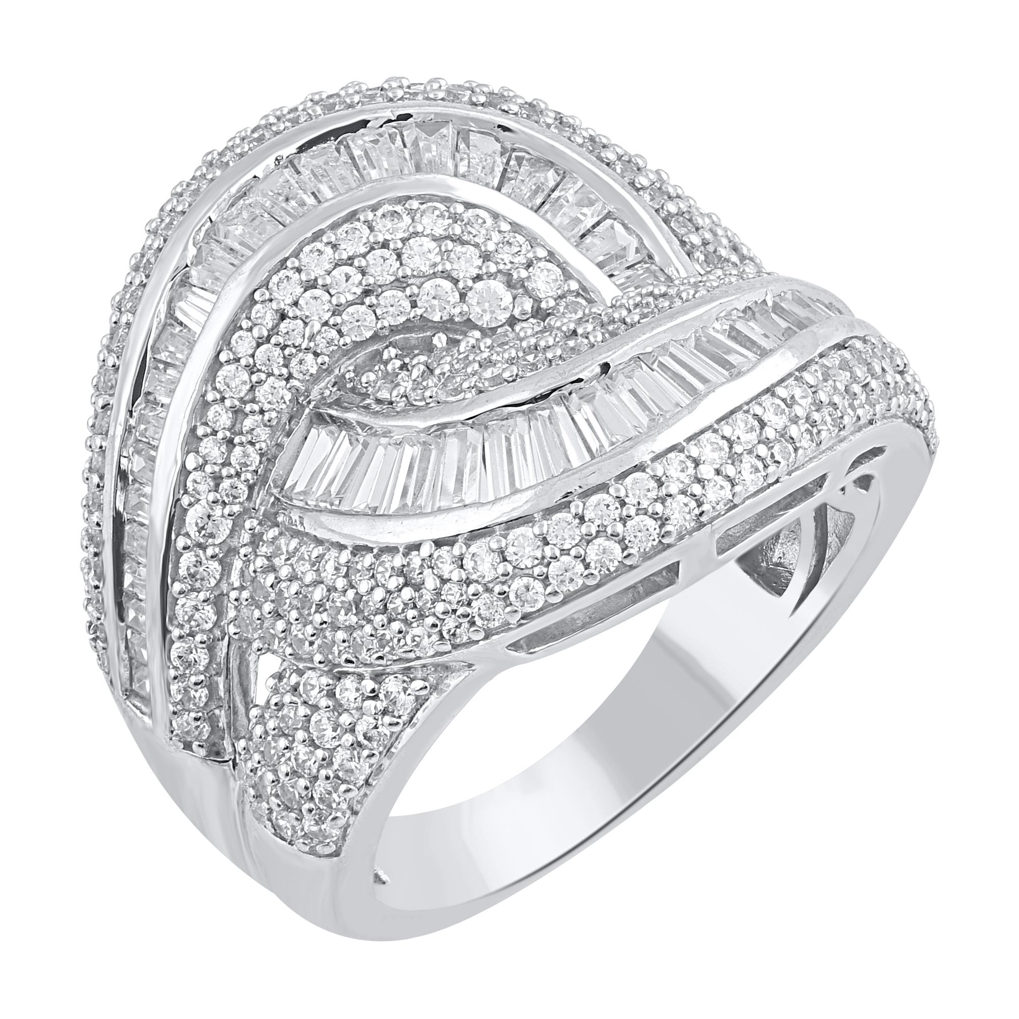 Bold and blissful style, this diamond band ring is beautifully crafted in 18 Karat white gold studded with sparkling 300 brilliant cut, single cut diamonds and baguette diamond in channel & pave setting. Total diamond weight is 2.0 carat. The