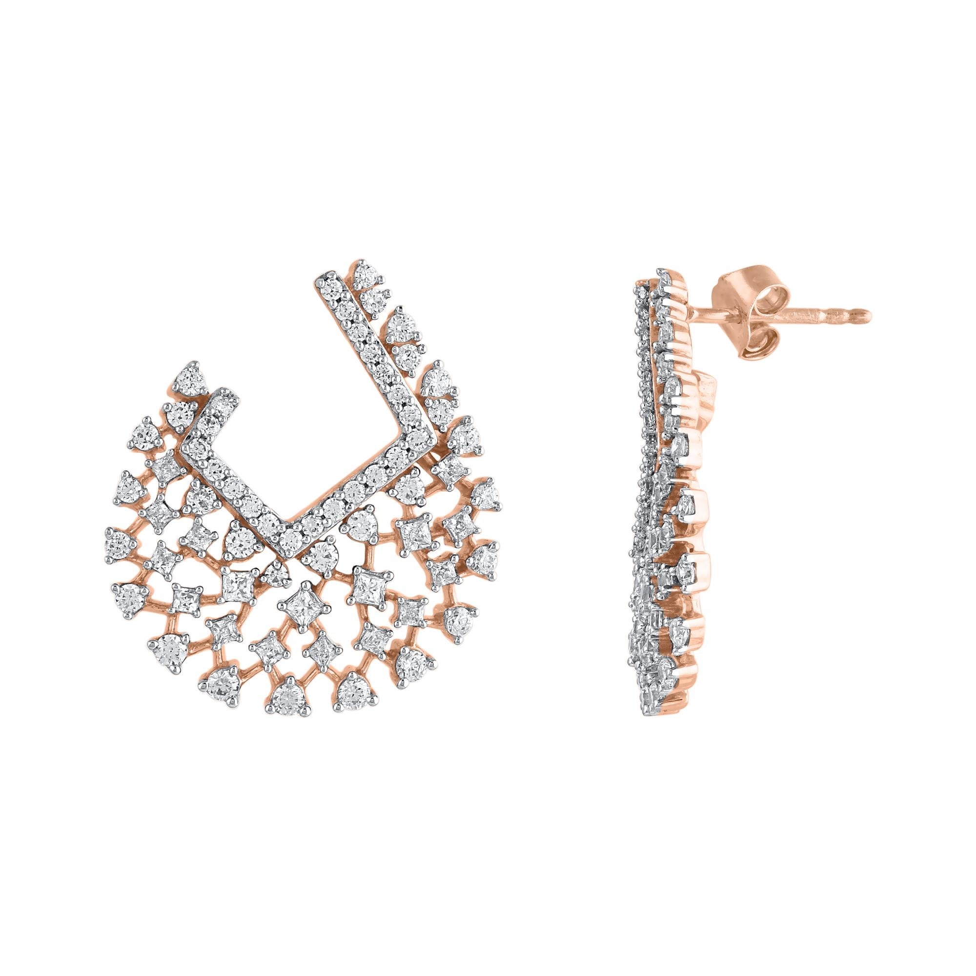 These shimmering and striking diamond stud earrings are perfect for yourself or for gifting to someone special. 
Crafted in 14 Karat Gold, earring is filled with 130 brilliant cut diamonds and princess cut diamond set in prong setting and shimmers