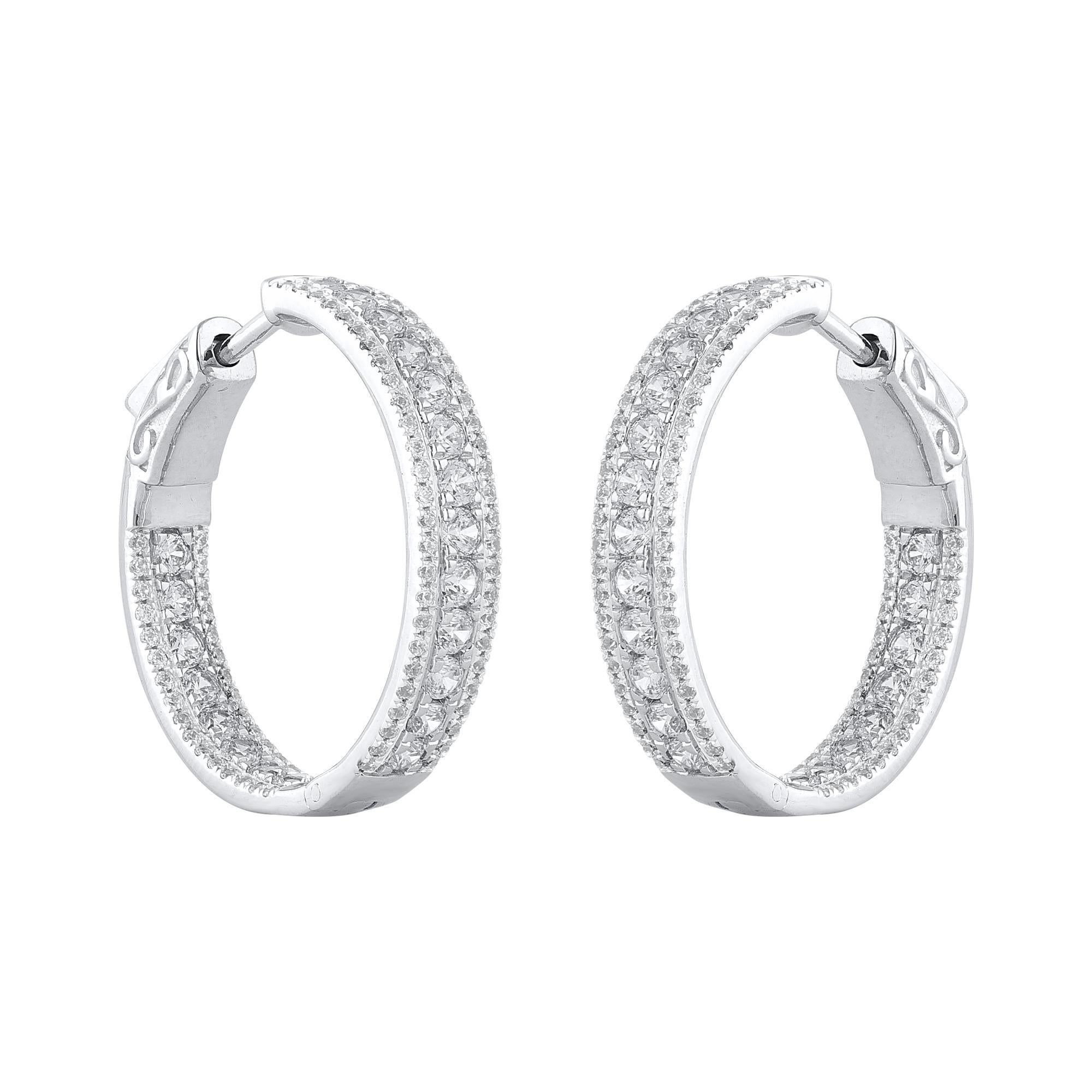 Contemporary TJD 2.0 Carat Natural Round Cut Diamond 14 Karat White Gold Hoop Earrings For Sale