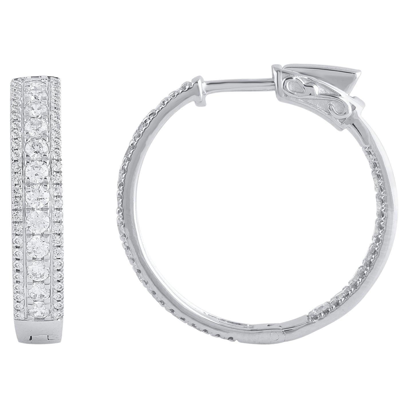 TJD 2.0 Carat Natural Round Cut Diamond 14 Karat White Gold Hoop Earrings