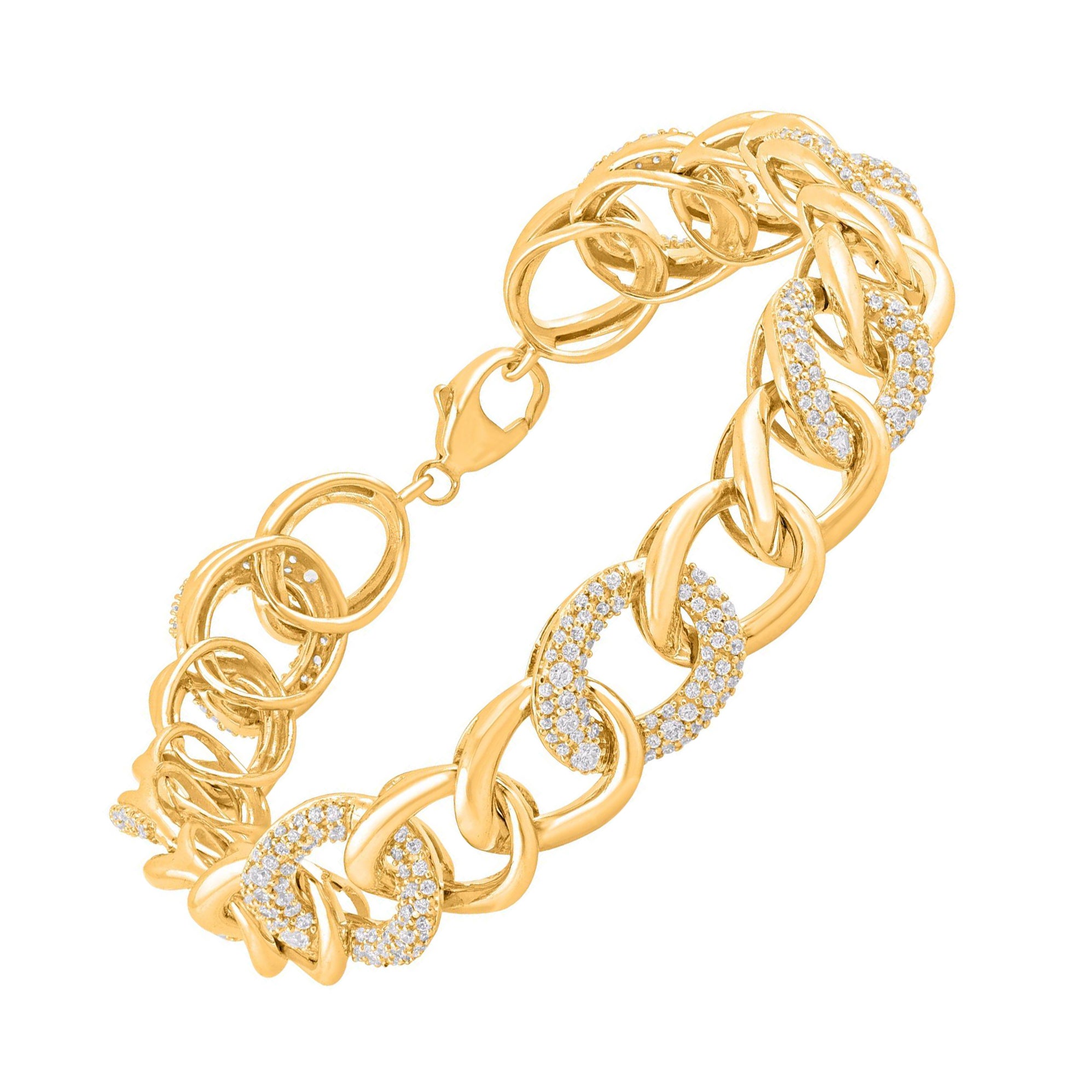 TJD 2.0 Carat Natural Round Cut Diamond 14 Karat Yellow Gold Cuban Link Bracelet