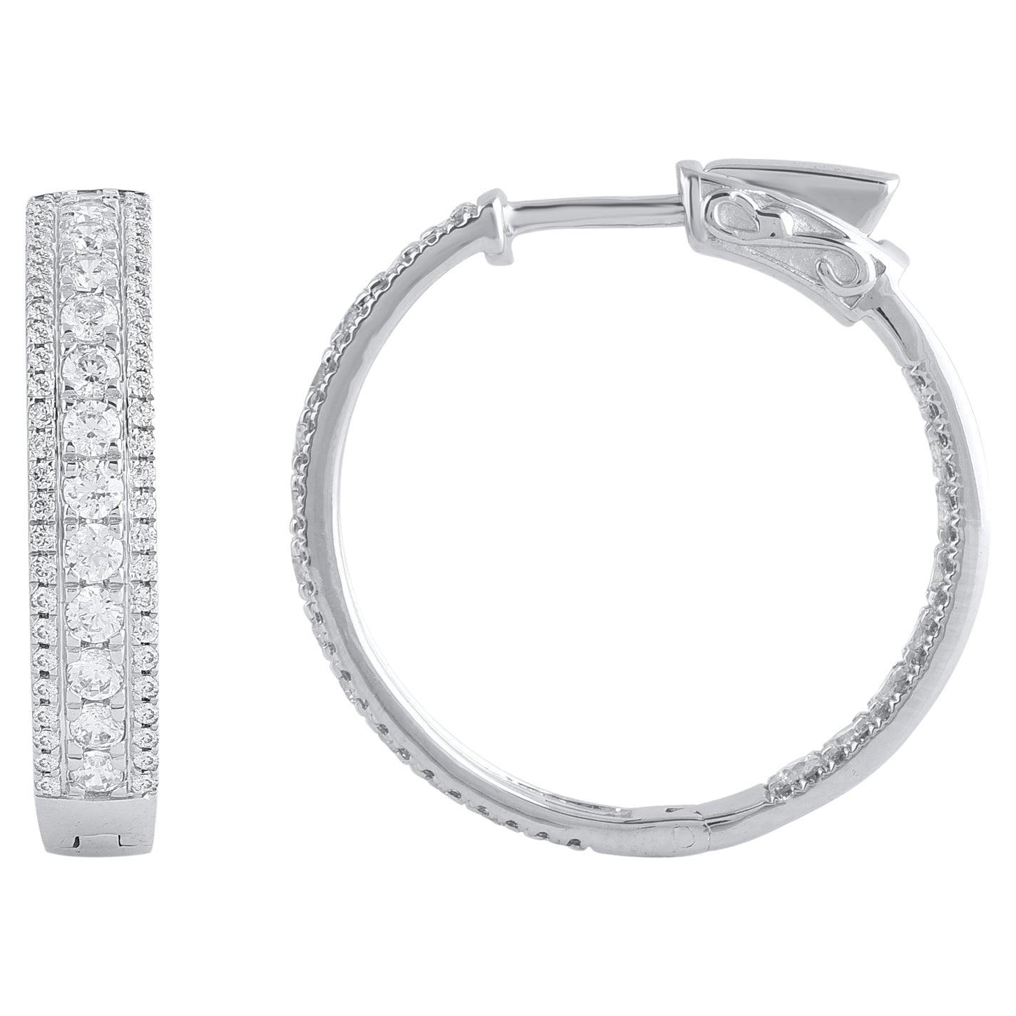 TJD 2.0 Carat Natural Round Cut Diamond 18 Karat White Gold Hoop Earrings For Sale