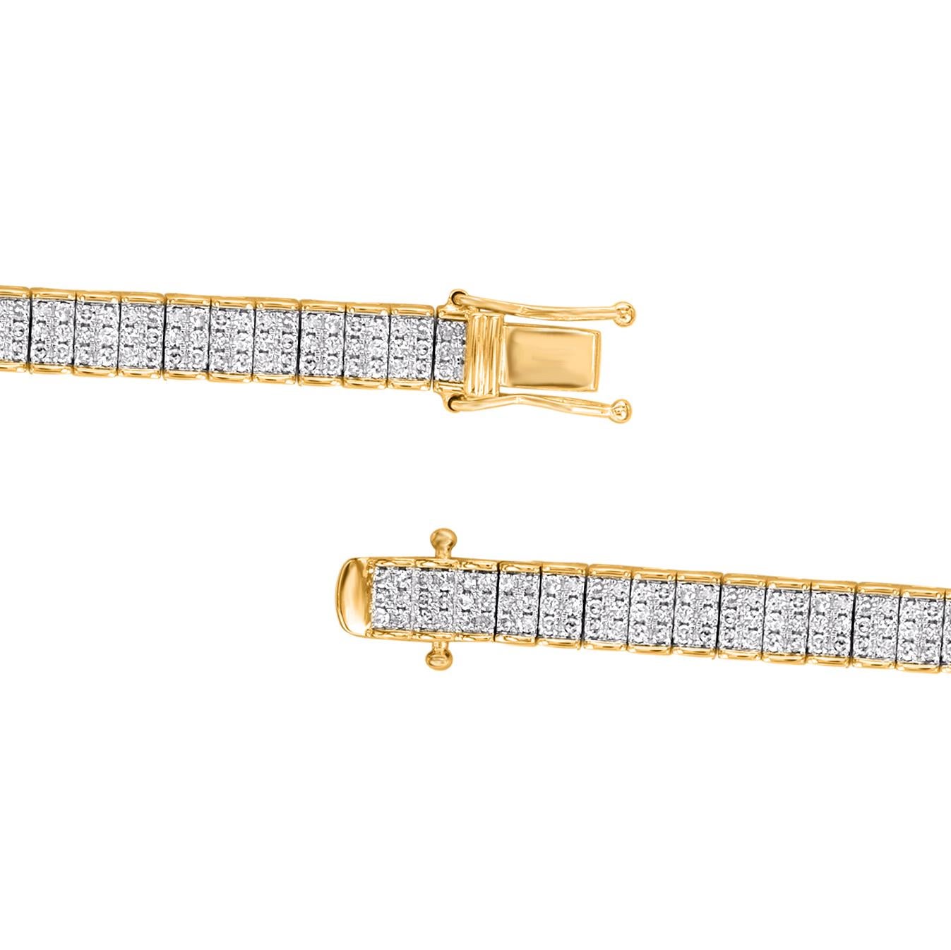 Simple and sophisticated, this round and brilliant cut diamond bracelet pairs well with most of attire. Featuring 408 round natural diamond in prong setting. The total diamond weight is 2.0 carat and it sparkles in H-I color I2 clarity.