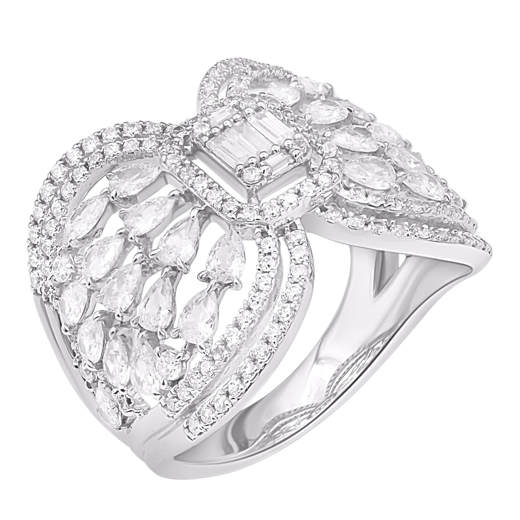 Make your most special and precious day shine with this cocktail ring. Beautifully crafted by our inhouse experts in 14 karat white gold and embellished with 159 brilliant cut round diamond, baguette diamonds and single cut pear diamonds set in