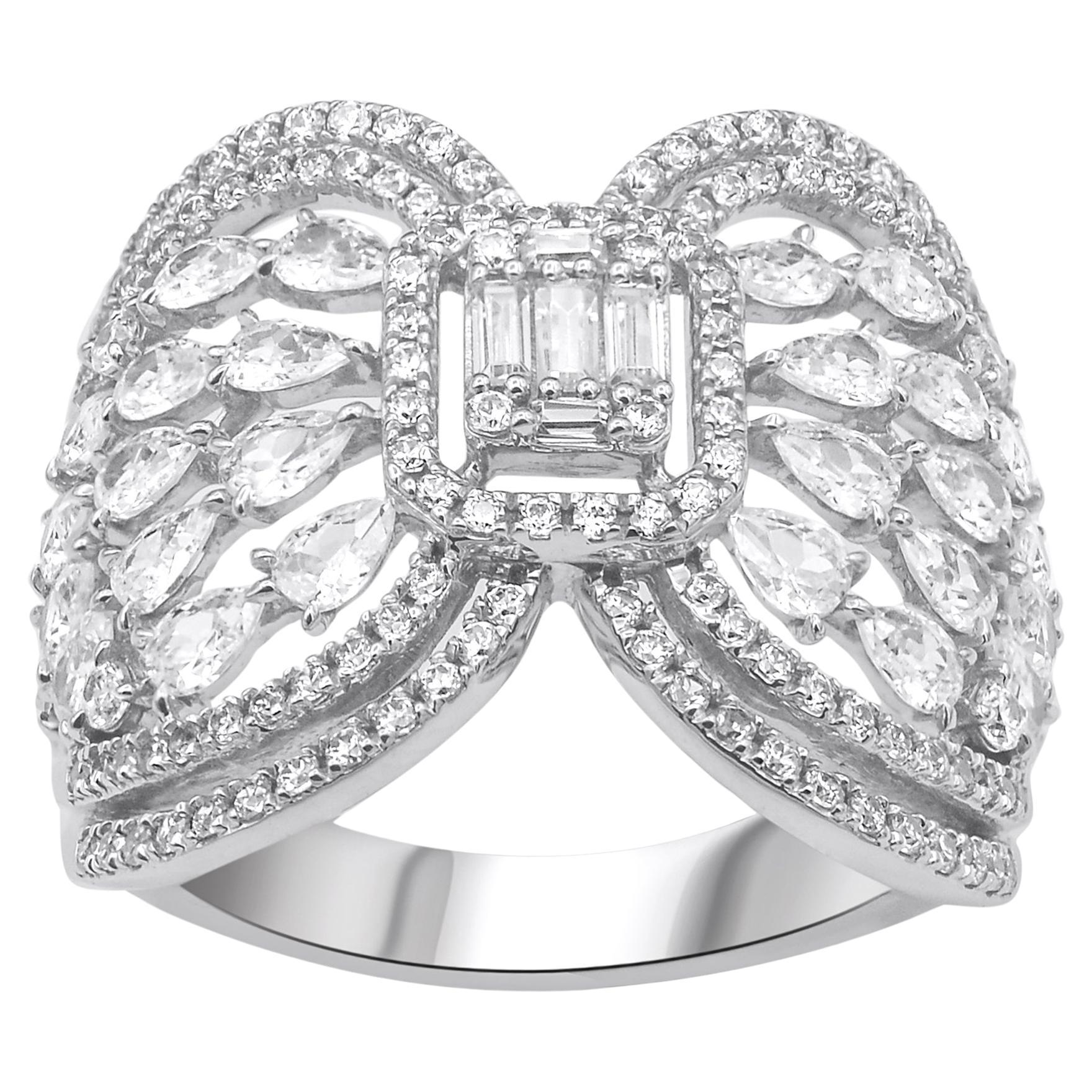 TJD 2.0 Carat Pear, Round & Baguette Diamond 14KT White Gold Cocktail Ring For Sale