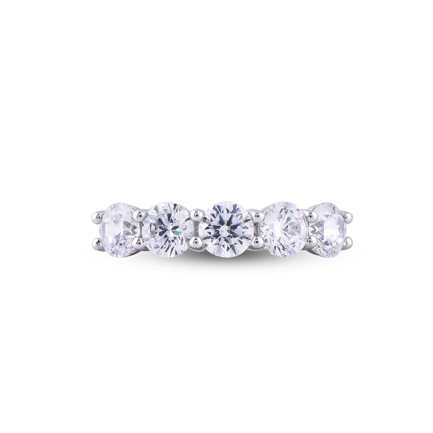 Art Deco TJD 2.0 Carat Round 5 Stone 18 Karat White Gold Wedding Anniversary Band Ring For Sale