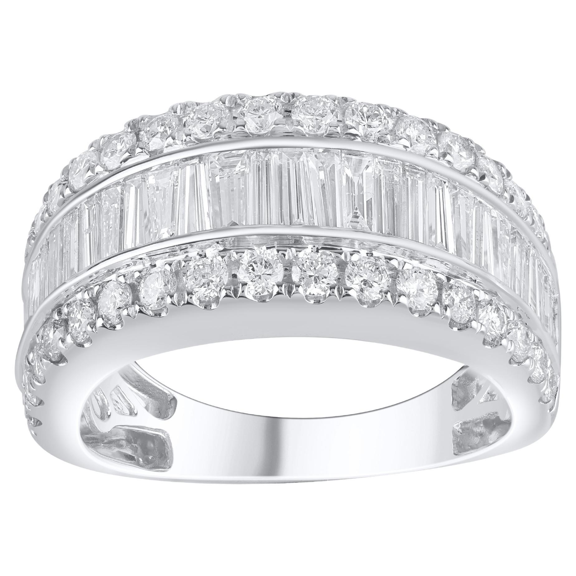 TJD 2.0 Carat Round and Baguette Diamond 14 Karat White Gold Wedding Band Ring For Sale