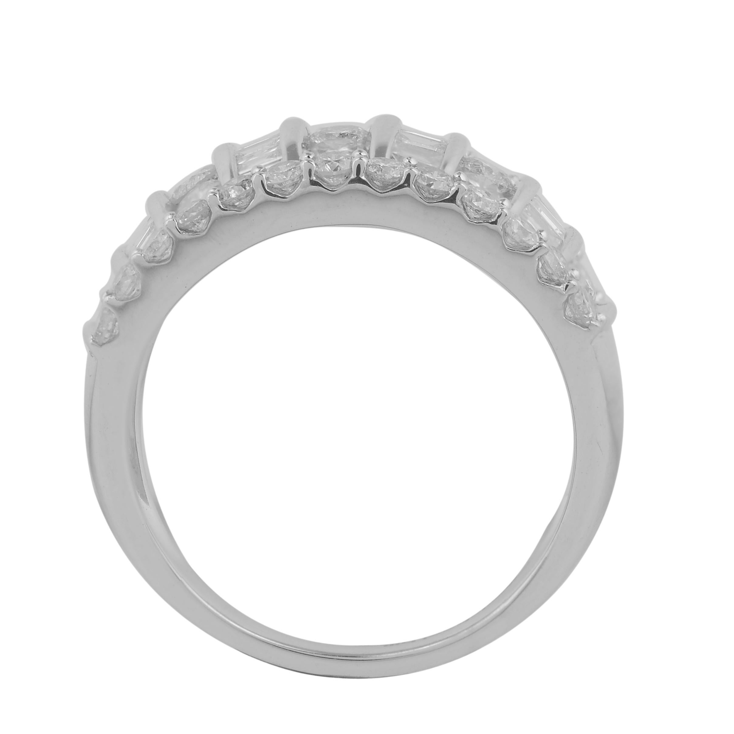 Bring charm to your look with this diamond ring. The ring is crafted from 14-karat white gold and features 41 Round and 28 Baguette cut white diamonds, with Prong, Nick & Channel setting, H-I color I2 clarity and a high polish finish complete the