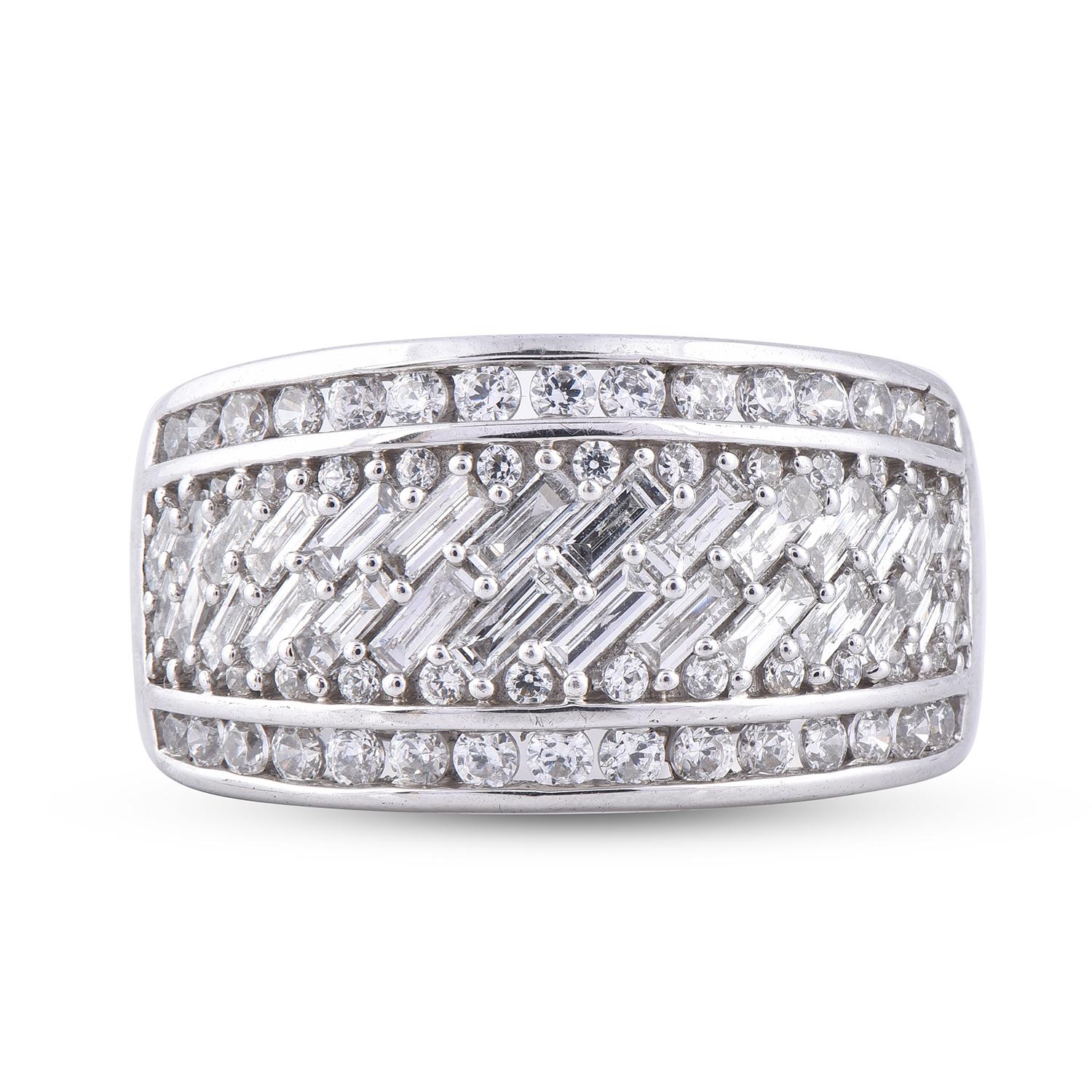 Art Deco TJD 2.0 Carat Round & Baguette Cut 14 Karat White Gold Multi Row Diamond Rings For Sale