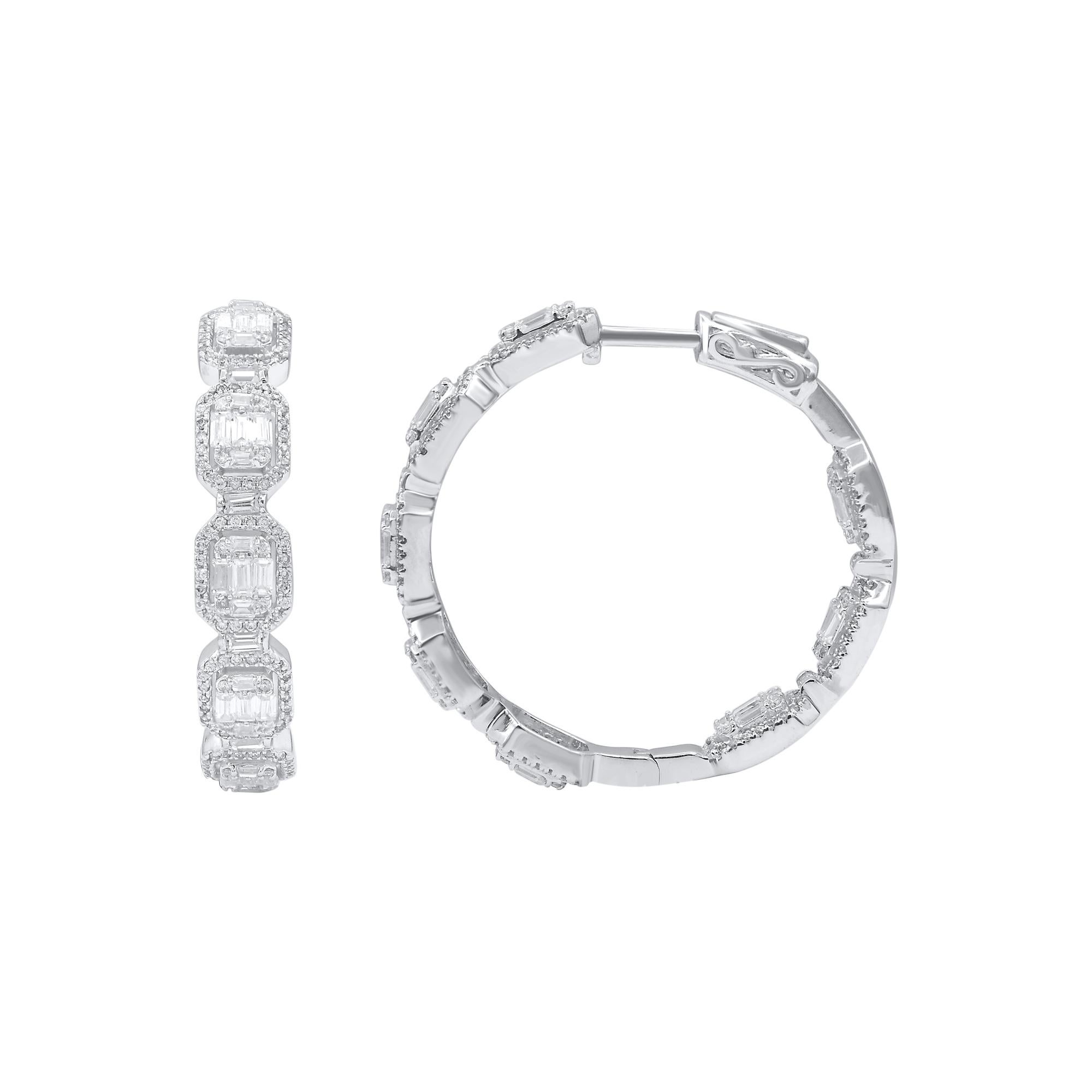 Classic and stylish diamond studded hoop earrings! perfect for daily wear. Crafted in 14 karat white gold with 508 round cut & baguette diamond in prong & channel setting. These earrings secure with hinged backs. The white diamonds are graded as H-I