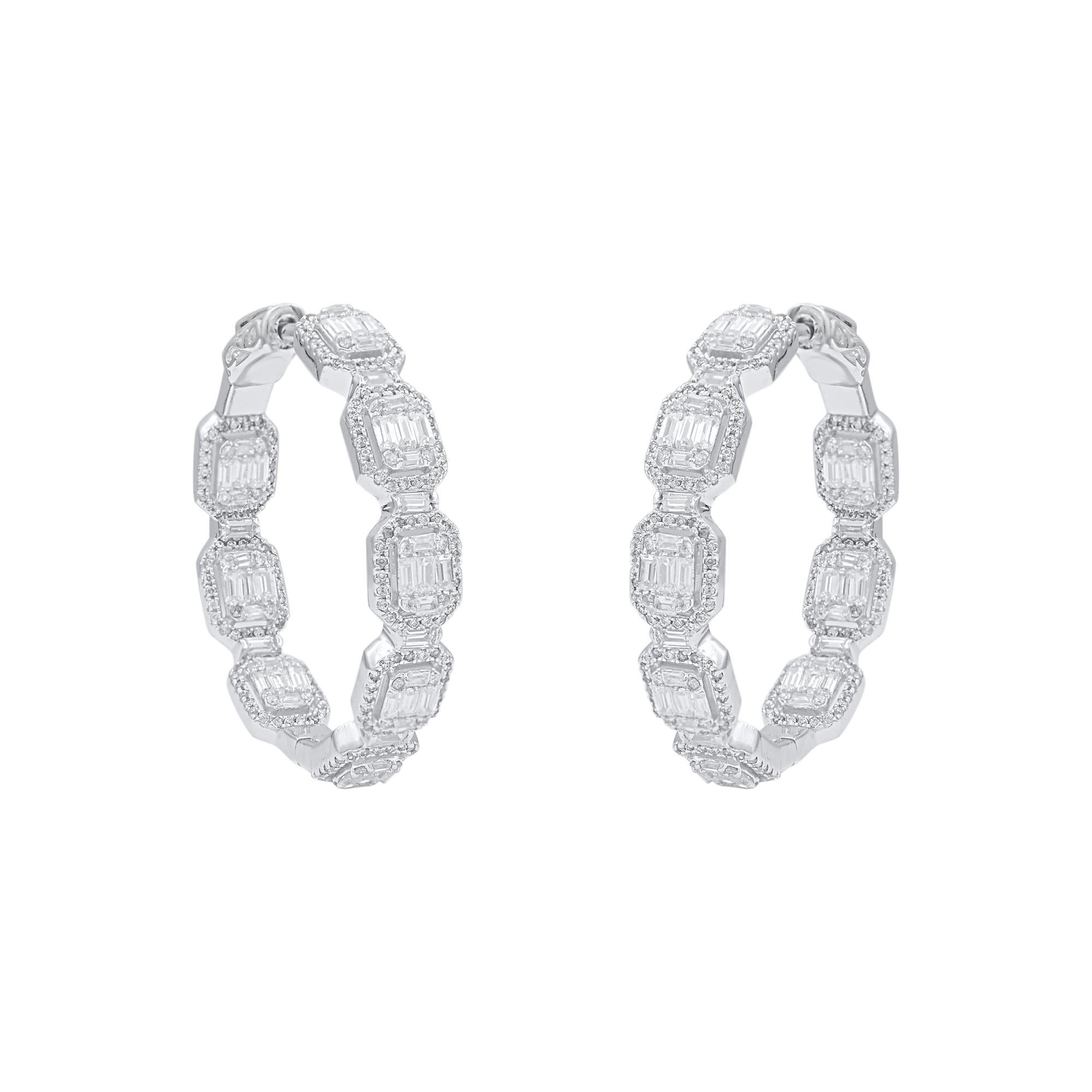 Contemporary TJD 2.0 Carat Round & Baguette Cut Diamond 14 Karat White Gold Hoop Earrings For Sale