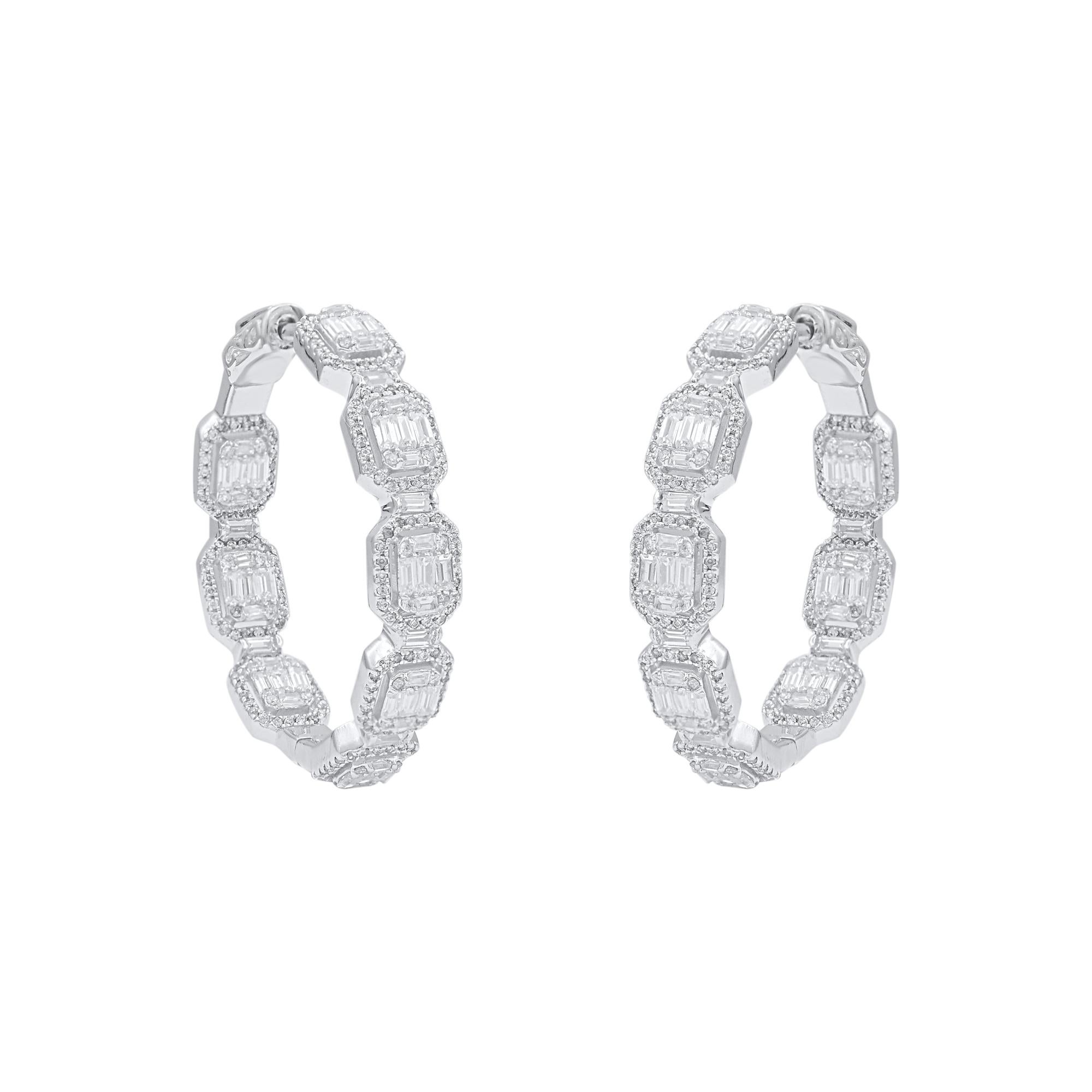 Contemporary TJD 2.0 Carat Round & Baguette Cut Diamond 18 Karat White Gold Hoop Earrings For Sale