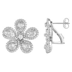 TJD 2.0 Carat Round 
Baguette Diamond 14 Karat White Gold Floral Stud Earrings