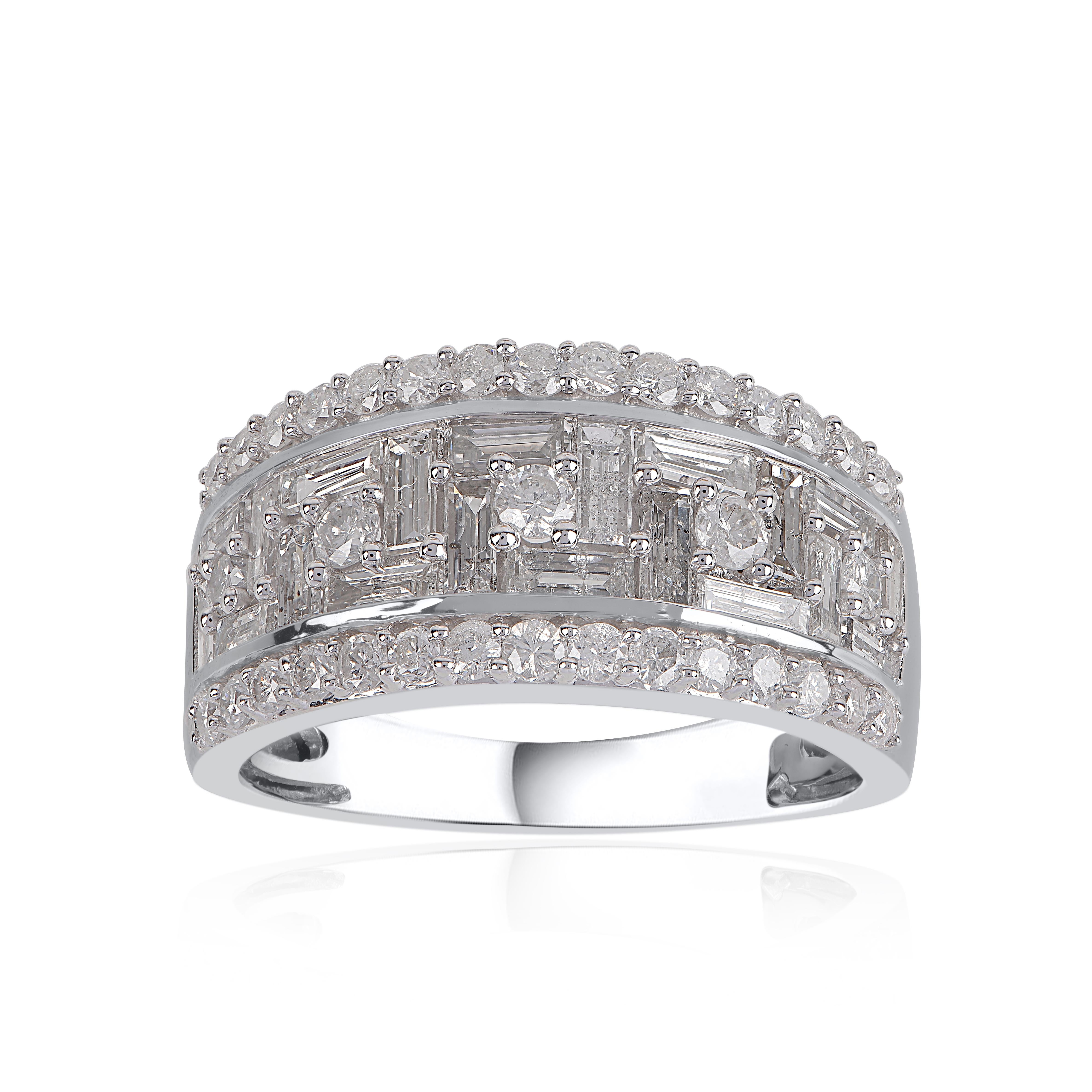 Give a touch of glamour to your fine jewelry collection with this diamond engagement ring. This beautiful ring features shimmering brilliant cut diamonds and baguette diamonds in prong and half channel setting. Crafted in 14 karat white gold. The