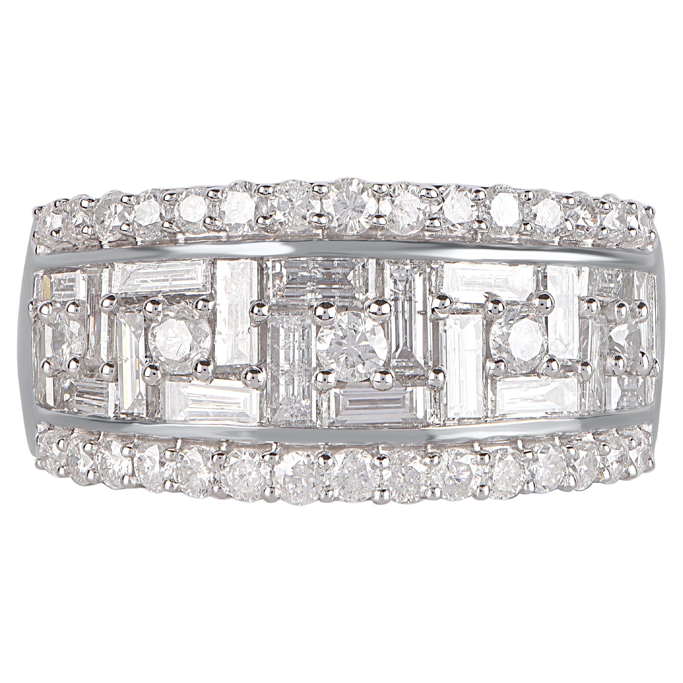 TJD 2.0 Carat Round 
Baguette Diamond 14 Karat White Gold Wedding Band Ring