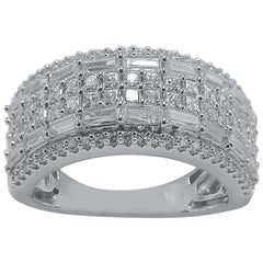 Bague de fiançailles à plusieurs rangées en or blanc 14 carats avec diamants ronds et baguettes de 2,0 carats TJD