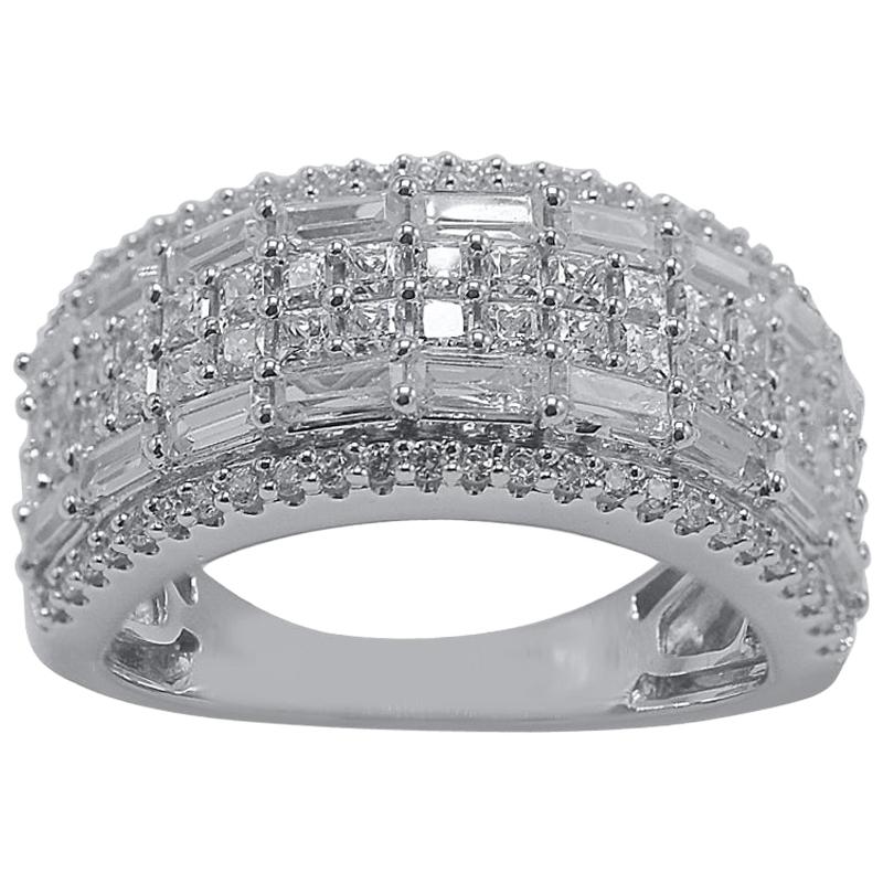 TJD 2.0 Carat Round 
Baguette Diamond 14K White Gold Multi row Engagement Band