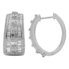 TJD 2.0 Carat Round 
Baguette Diamond 14K White Gold Wide Hoop Huggie Earrings