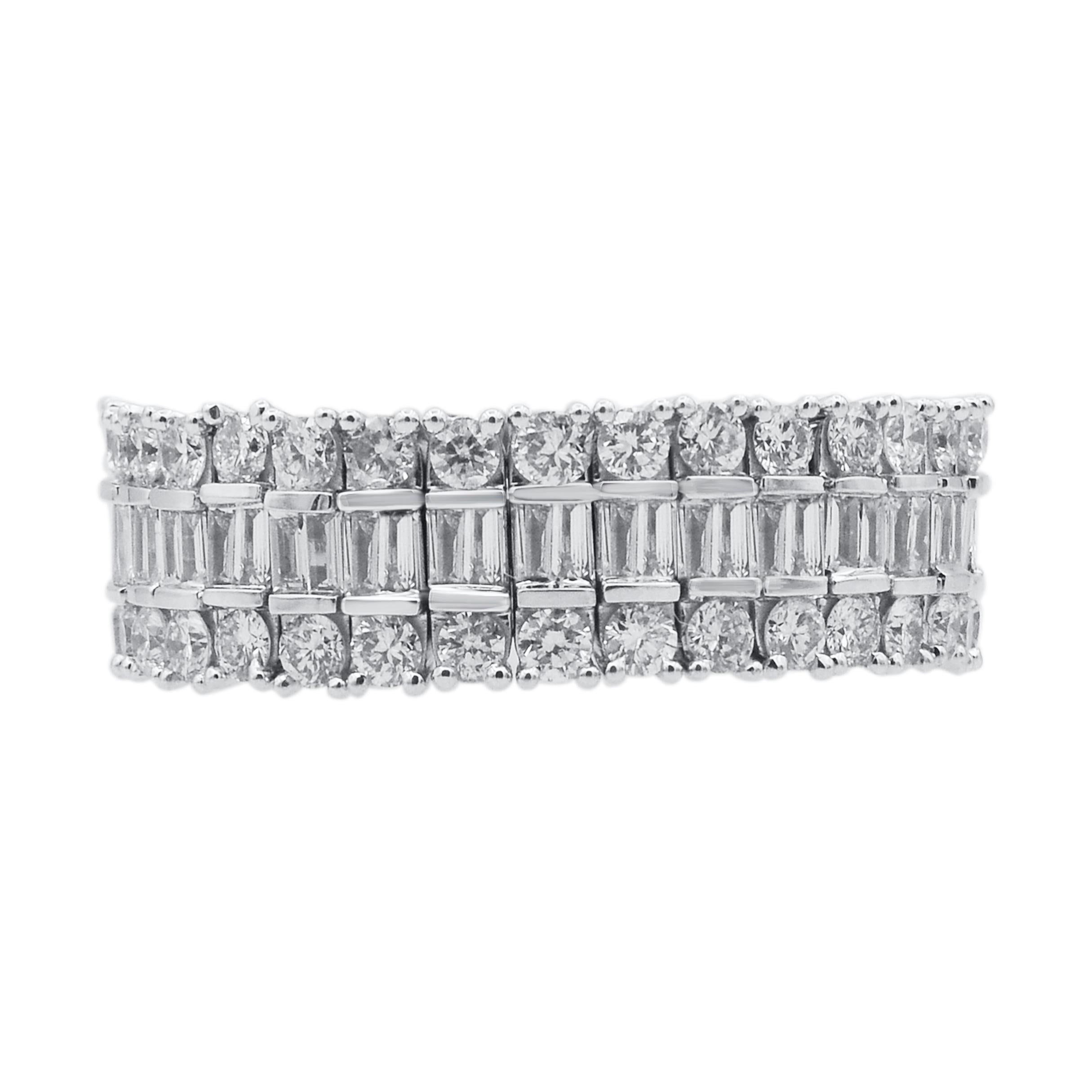 Honor the women you love with this eternity wedding band is expertly crafted in 14 Karat White Gold and features 128 brilliant cut round diamond and baguette diamond set in prong & channel setting. This eternity band has high polish finish and is a