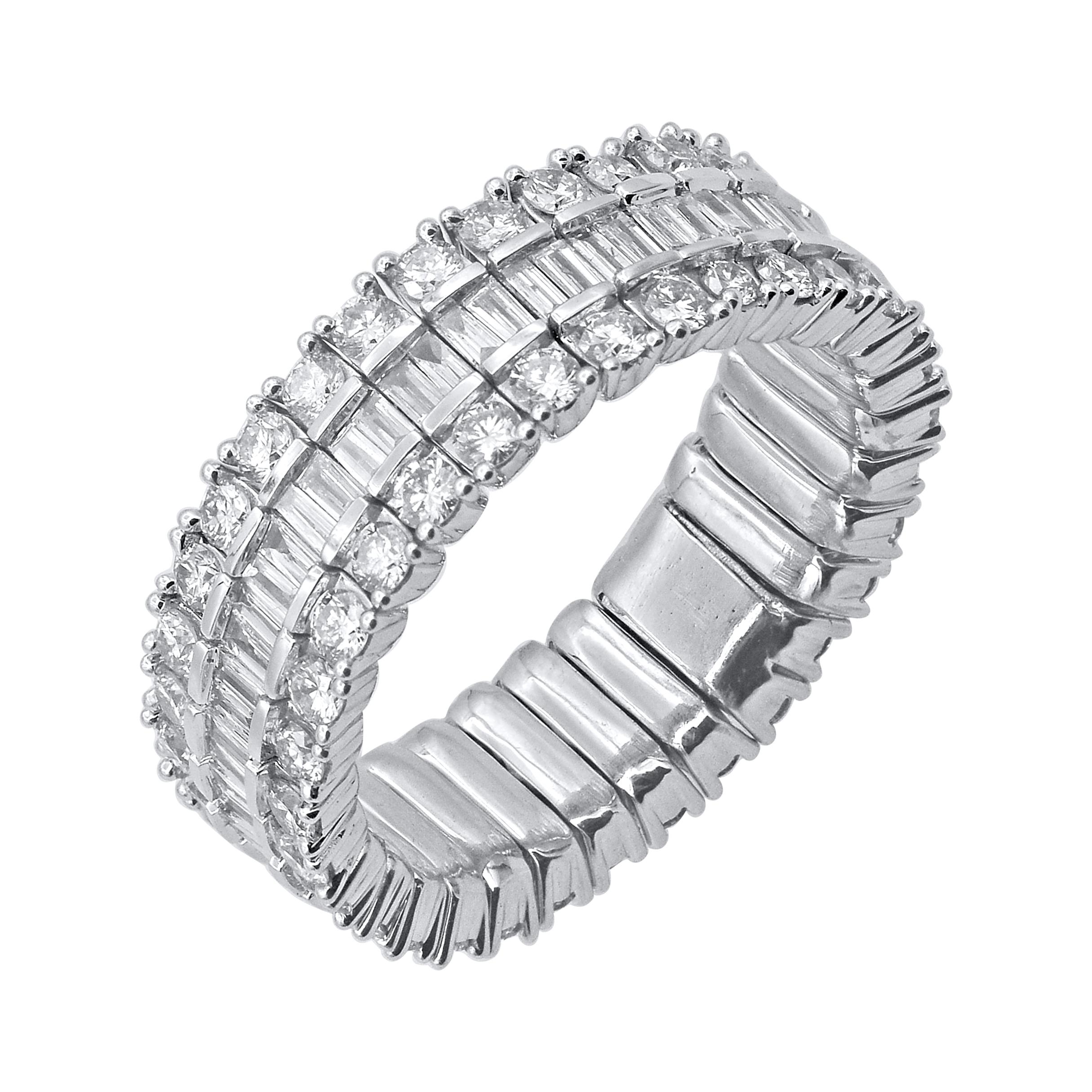 Contemporary TJD 2.0 Carat Round & Baguette Diamond Eternity Band Ring in 14 Karat White Gold For Sale