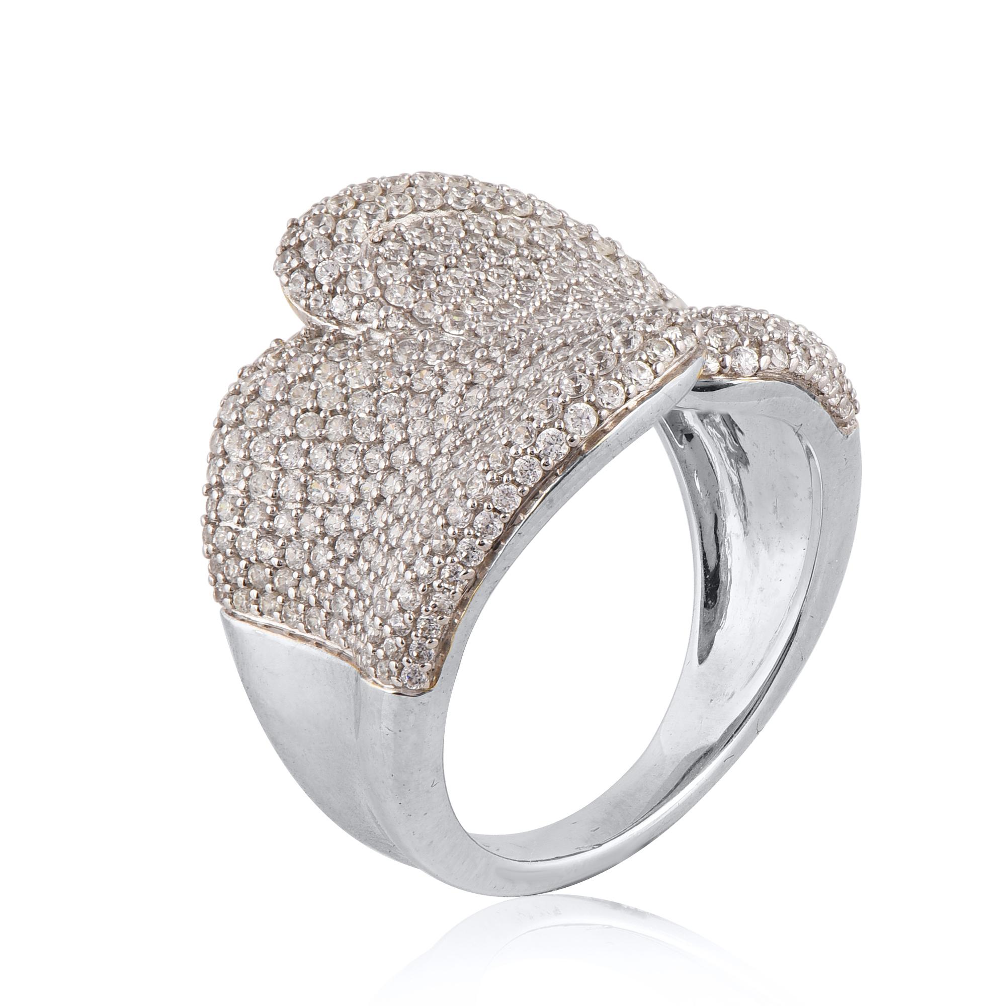 Stunning and classic, this diamond ring is beautifully crafted in 14K Solid White gold. The wide band is lined with rows of 372 round brilliant-cut sparkling white diamonds in secured prong and pave settings. The diamonds are natural, not-treated