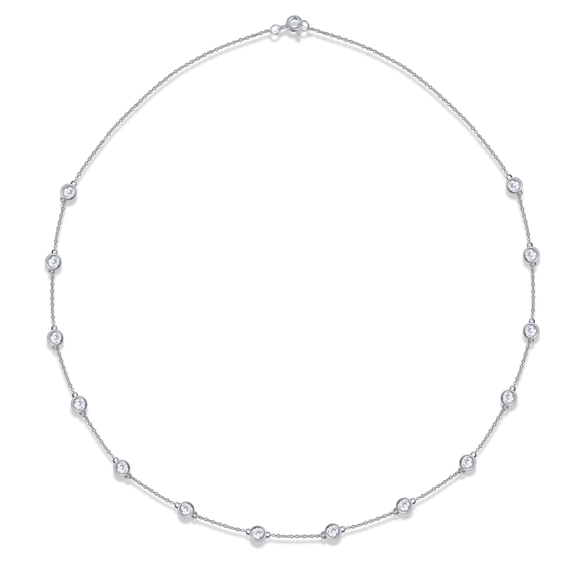 Modern TJD 2.0 Carat Round Diamond 14 Karat White Gold Bezel Set Station Necklace For Sale