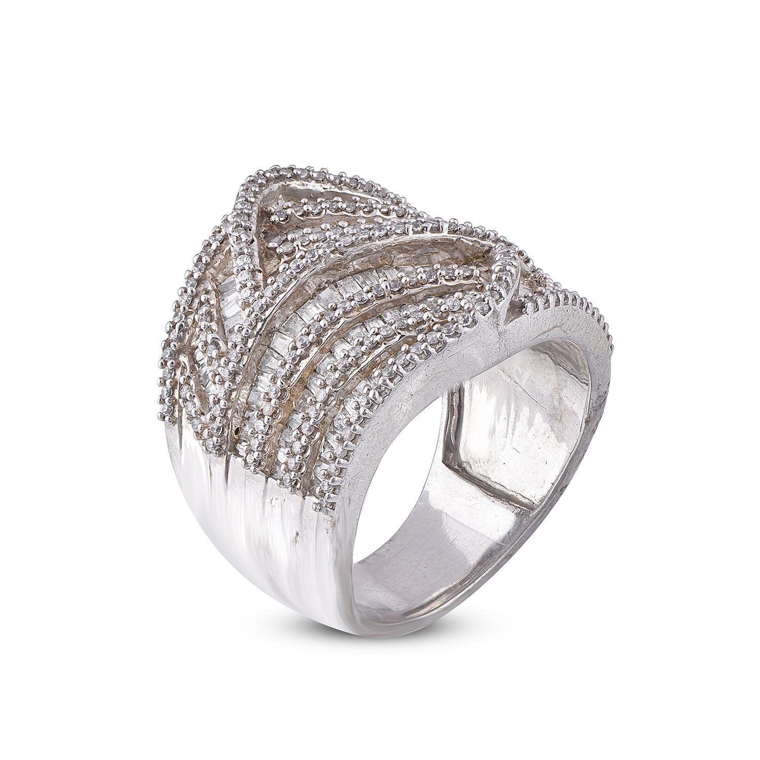 Elegantly timeless is the best way to describe this ring is studded with 190 round diamond and 103 Baguette cut diamond features in 14 Karat White Gold 2.00ct total diamond weight and it shines with H-I color and I2 Clarity.