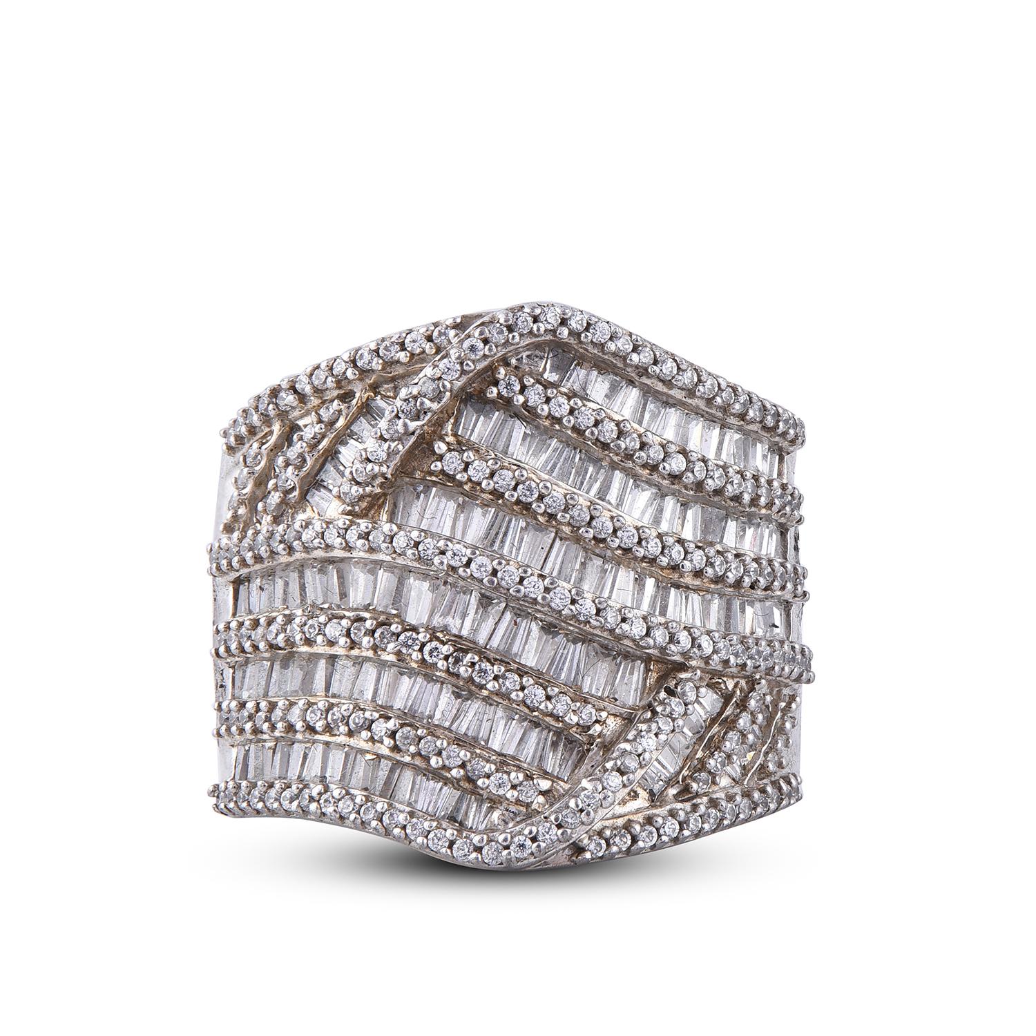 Art Deco TJD 2.0 Carat Round Diamond 14 Karat White Gold Crossover Wide Wedding Band For Sale