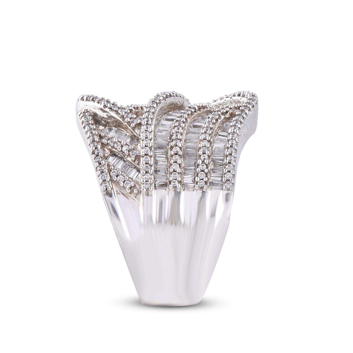 Baguette Cut TJD 2.0 Carat Round Diamond 14 Karat White Gold Crossover Wide Wedding Band For Sale