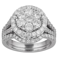 TJD 2.0 Carat Round Diamond 14 Karat White Gold Halo Cluster Bridal Ring Set